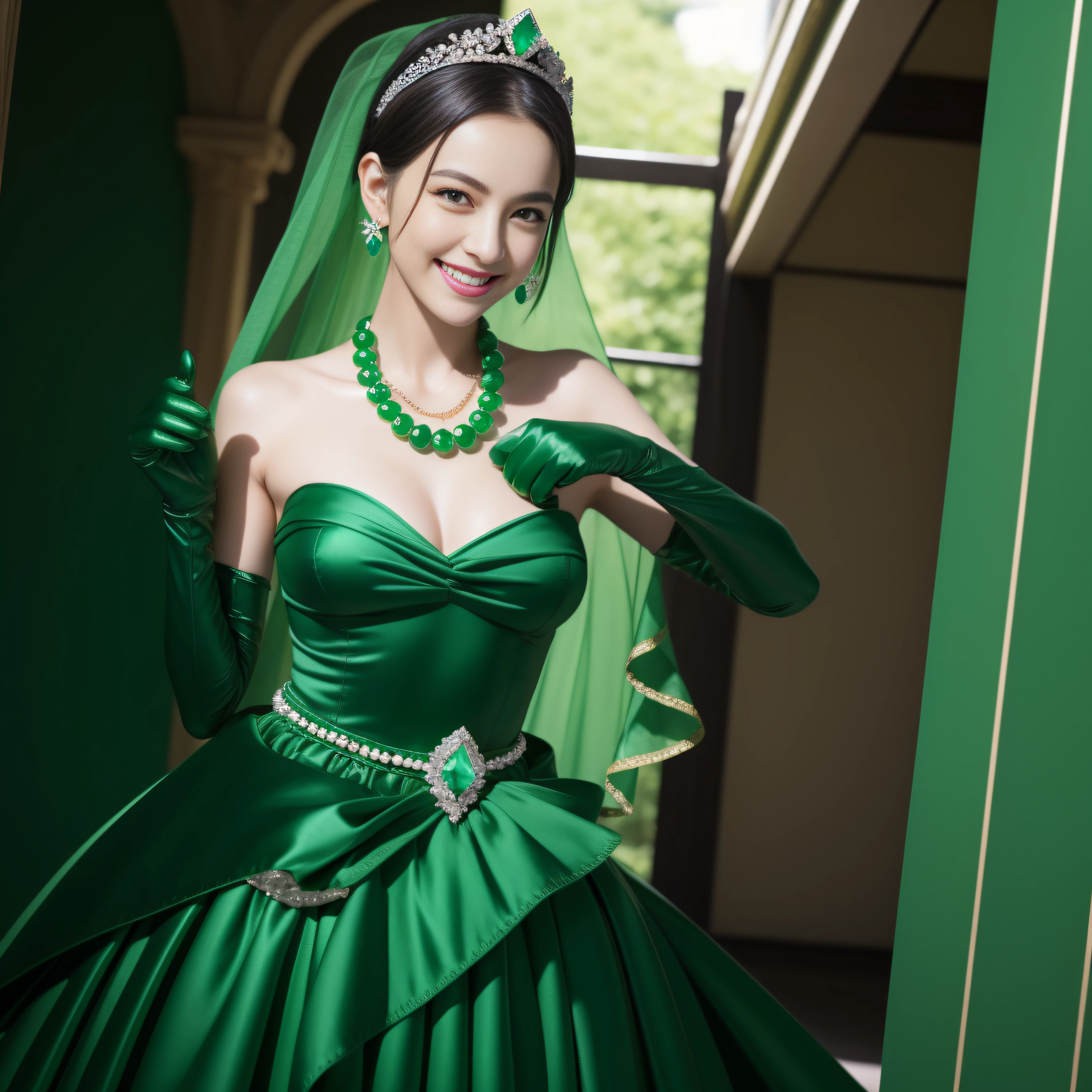 emerald tiara, Green Pearl Necklace, Boyish very short black hair, lipsticks, Japan woman smiling, very short short hair, fist, big breasts beautiful, Green eyes, Long green gloves made of satin material, Green eyes, Emerald Earrings
