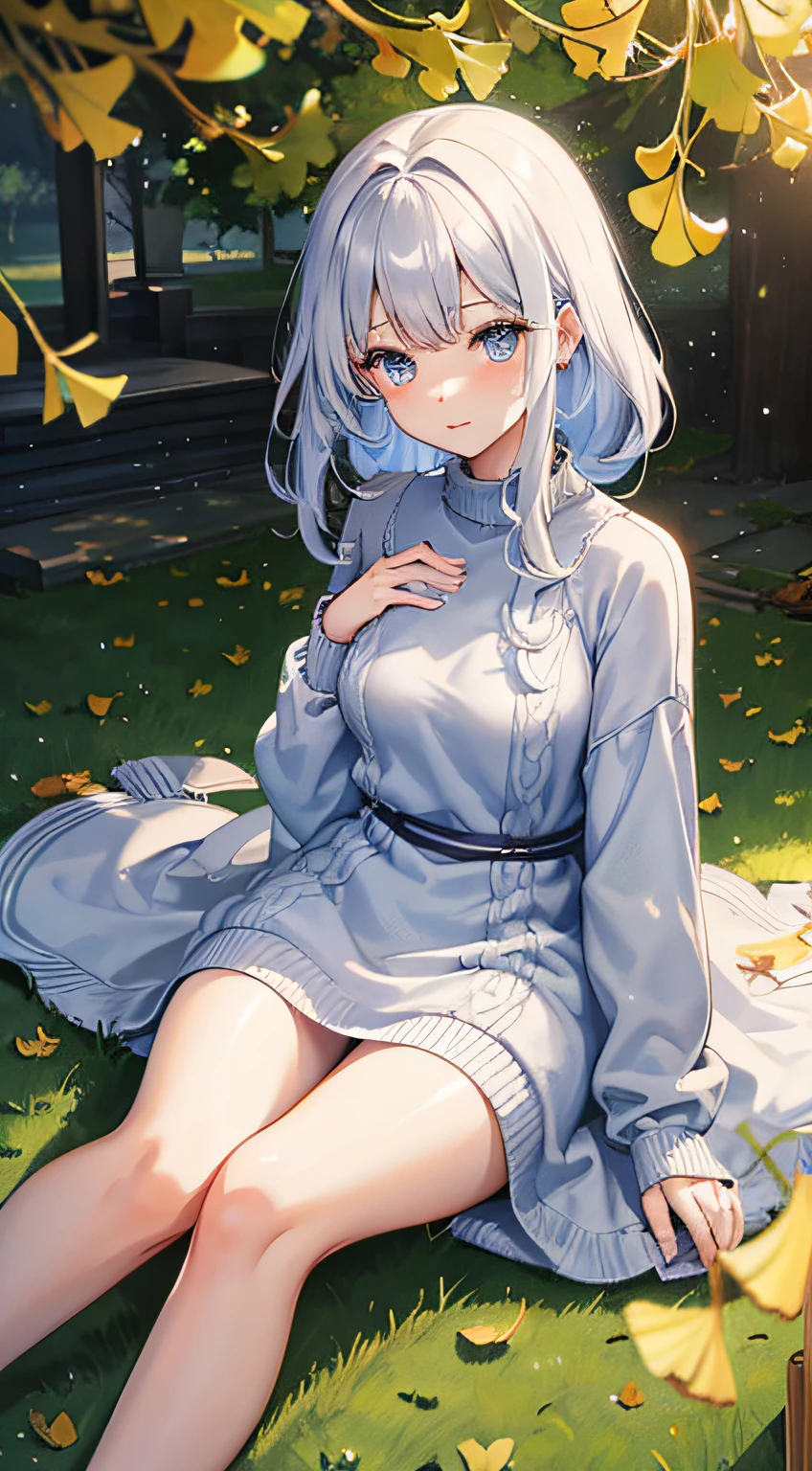 a park、In a row of ginkgo trees、Colored leaves、Silvery hair、Long、Blue eyes、I'm skinny、Sweater fluffy knitted dress、Beautuful Women、sitting down on the floor、Open your crotch、Bare crotch、vagina、look from down、Glowing skin、Love juice wetting、Love juice dripping、love doll、