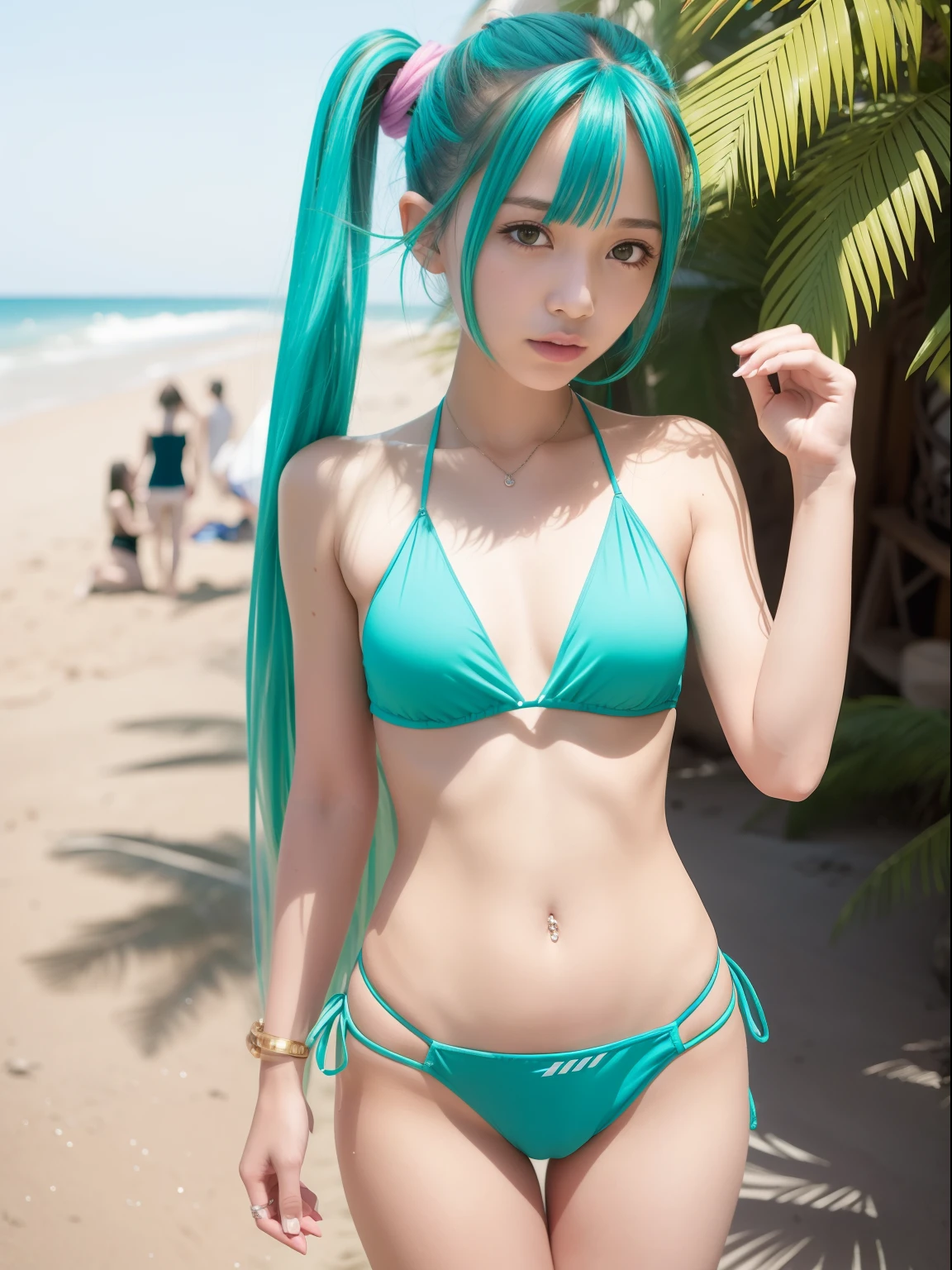 20 years girl,masutepiece , Best Quality,Nahida(GenshinImpact) ,Two girls, Very skinny,tiny chest,Long hair ,Side Ponytail, Hair Ornament ,Street, White hair , Green hair , hand behind head:1.5,multicolored hair, elf ,A beach crowded with people,Skinny Legs,smil,Tsundere,Bikini and colorful summer clothes,Put on your shirt,