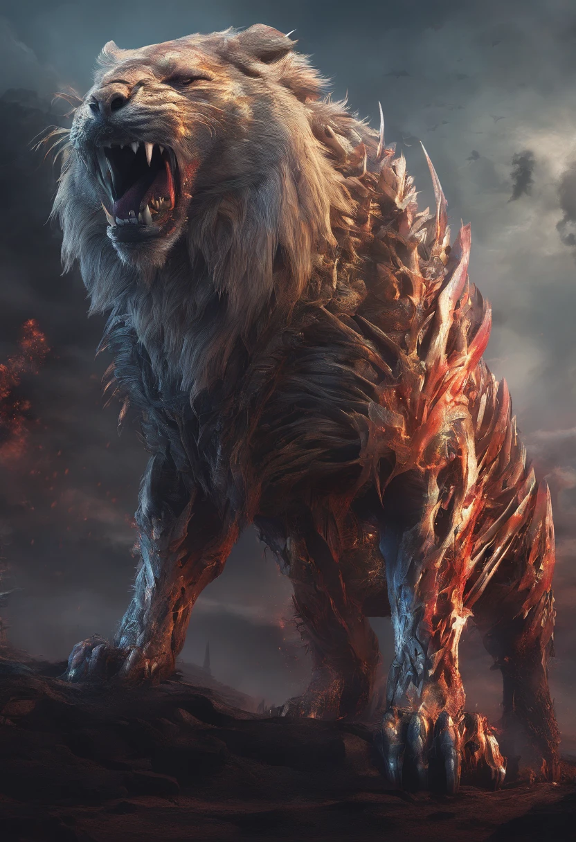 Strange monsters in a fantasy world,sabertooth tiger,long canine teeth,Strong limbs,Covered in flames,Blood,Covered with thick spikes,Moon Night,中景 the scene is,Full body like, highly detailed surreal vfx,oc rendered,Shot with 70 mm - AR 16:9 --q 2 --s 1000