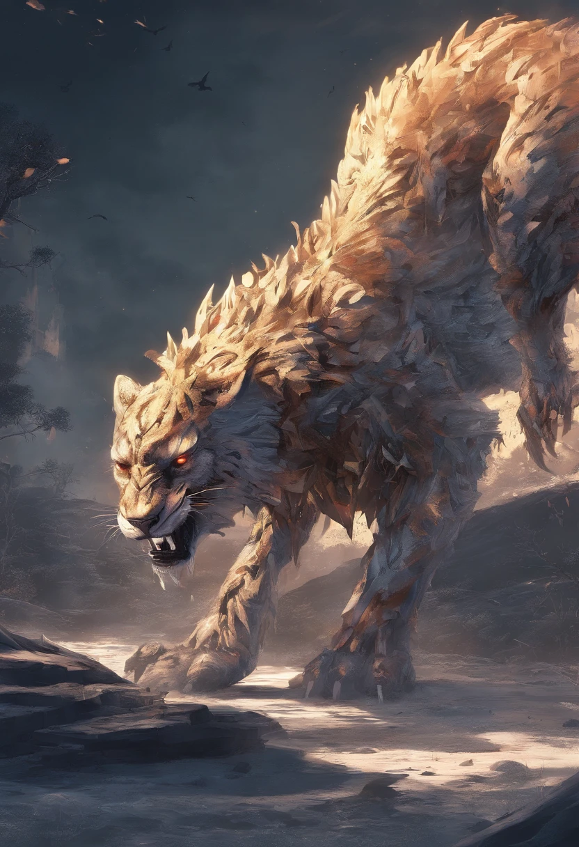 Strange monsters in a fantasy world,sabertooth tiger,long canine teeth,Strong limbs,Covered in flames,Blood,Covered with thick spikes,Moon Night,中景 the scene is,Full body like, highly detailed surreal vfx,oc rendered,Shot with 70 mm - AR 16:9 --q 2 --s 1000