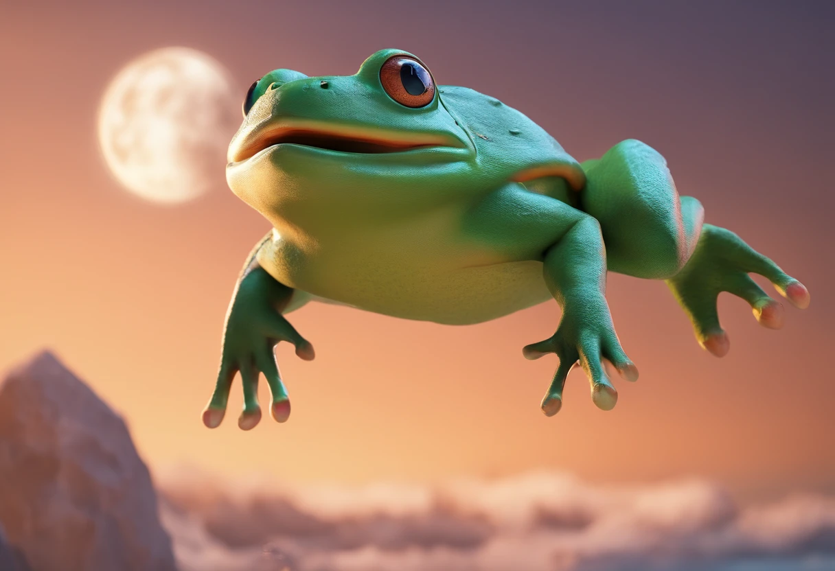 Big frog jumps high., Side View, Float in the air, opened mouth, There's a moon at the mouth.