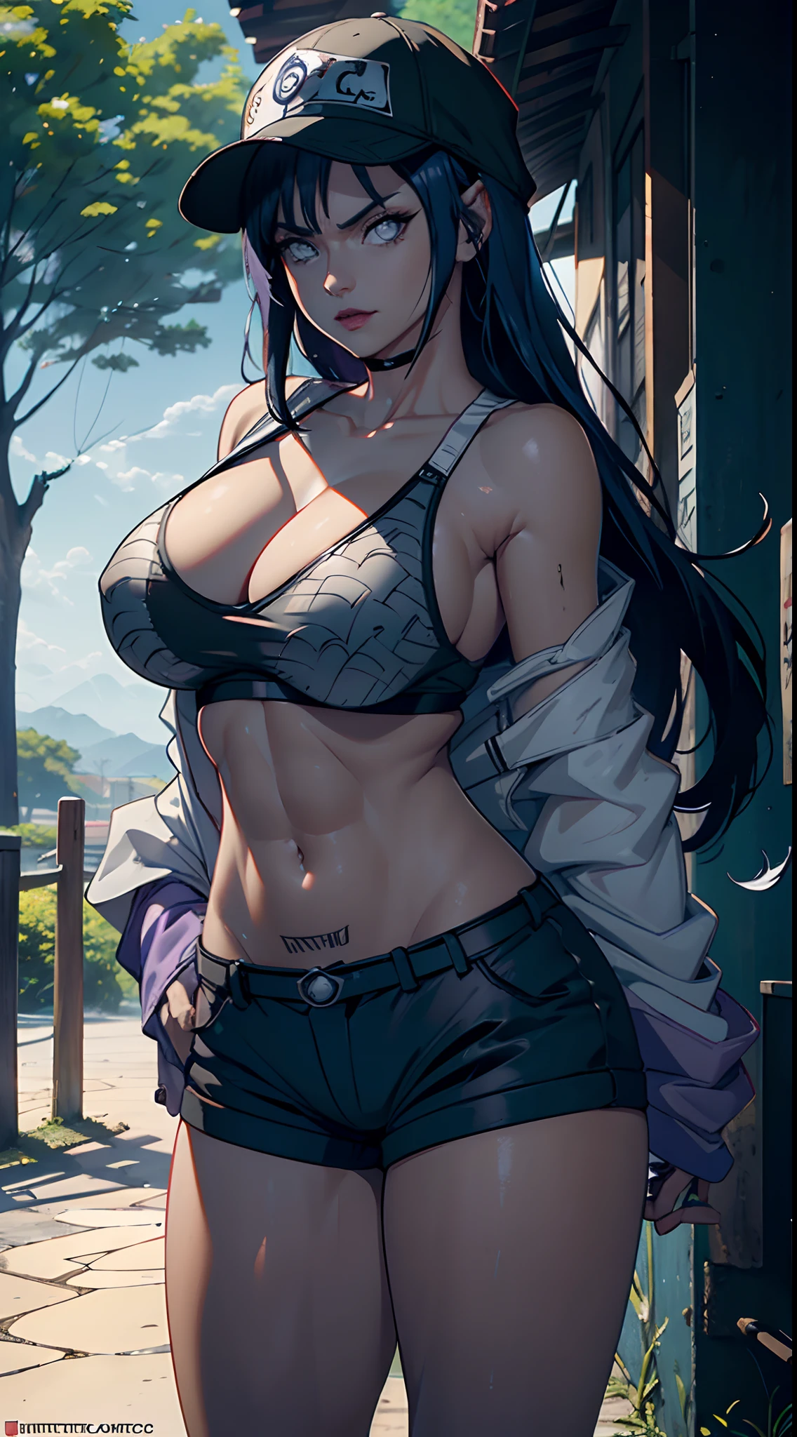 hinata hyuga, extremamente sexy, muito linda, Beleza Brasileira, Curvas, pernas grossas, bunda grande, Curto curto, bermuda curta, biting lips, rosto bonito, Boca bonita, olhos lindos, Air Jordan Sneakers, blusa Barbie, mostrando o umbigo, pirsing no umbigo, tatuagem do naruto, tatuagem na perna, straight flap cap, descolada, Digital influence, instagram, (cinemactic:1.5), epic realistic, hiperdetalhado, detalhes insanos, detalhes intrincados, Highlight lighting, volumetric soft light, Bokeh, (dramatic light:1.2), (cores neutras:1.3), processo cruzado, 8k, alta resolução, iPhone 15 Pro Camera