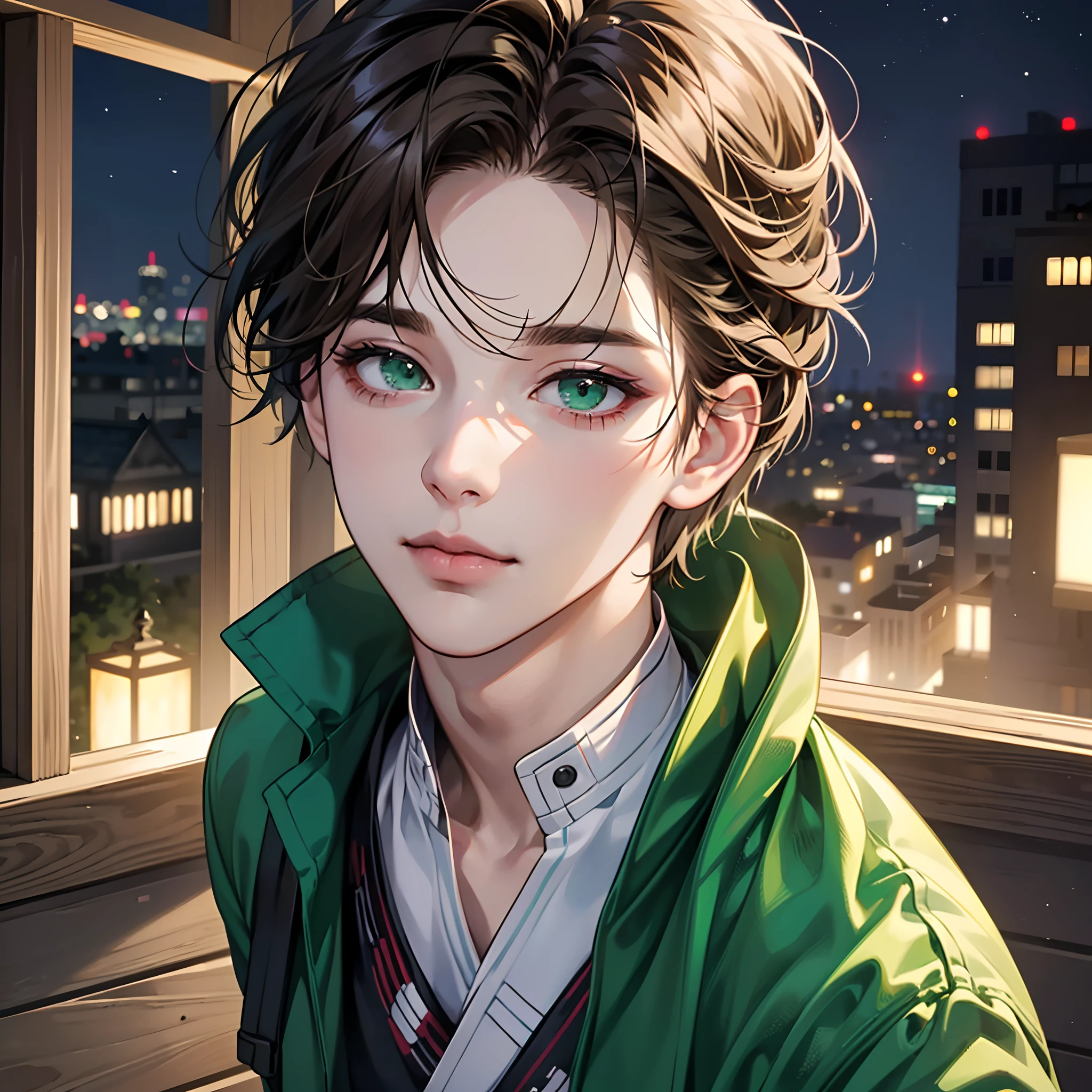 (superior quality、masterpiece、8k、32k、ultra-detailed、wonderful、Photorealistic: 1.3)、1boy、short brown hair、green eyes、from above、profile picture、attractive boy、happy、focus head、green jacket、night glow、realistic face、realistic eyes、anime、kimetsu no yaiba、attractive --auto