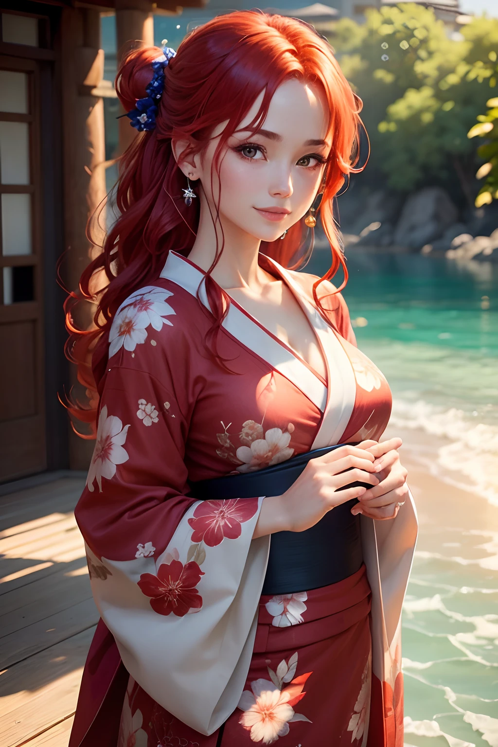 (masterpiece), (((highest quality)), (super detailed), 1 girl, red hair, messy hair, hair between eyes, (yukata: 1.2), outdoor, blue sky, blue water, smile, red eyes, glowing eyes, (perfect hands), hand details, corrected fingers, Earrings, looking_at_viewer, Cowboy Shot, Top Quality, Rich Detail, Perfect Image Quality, warm lighting