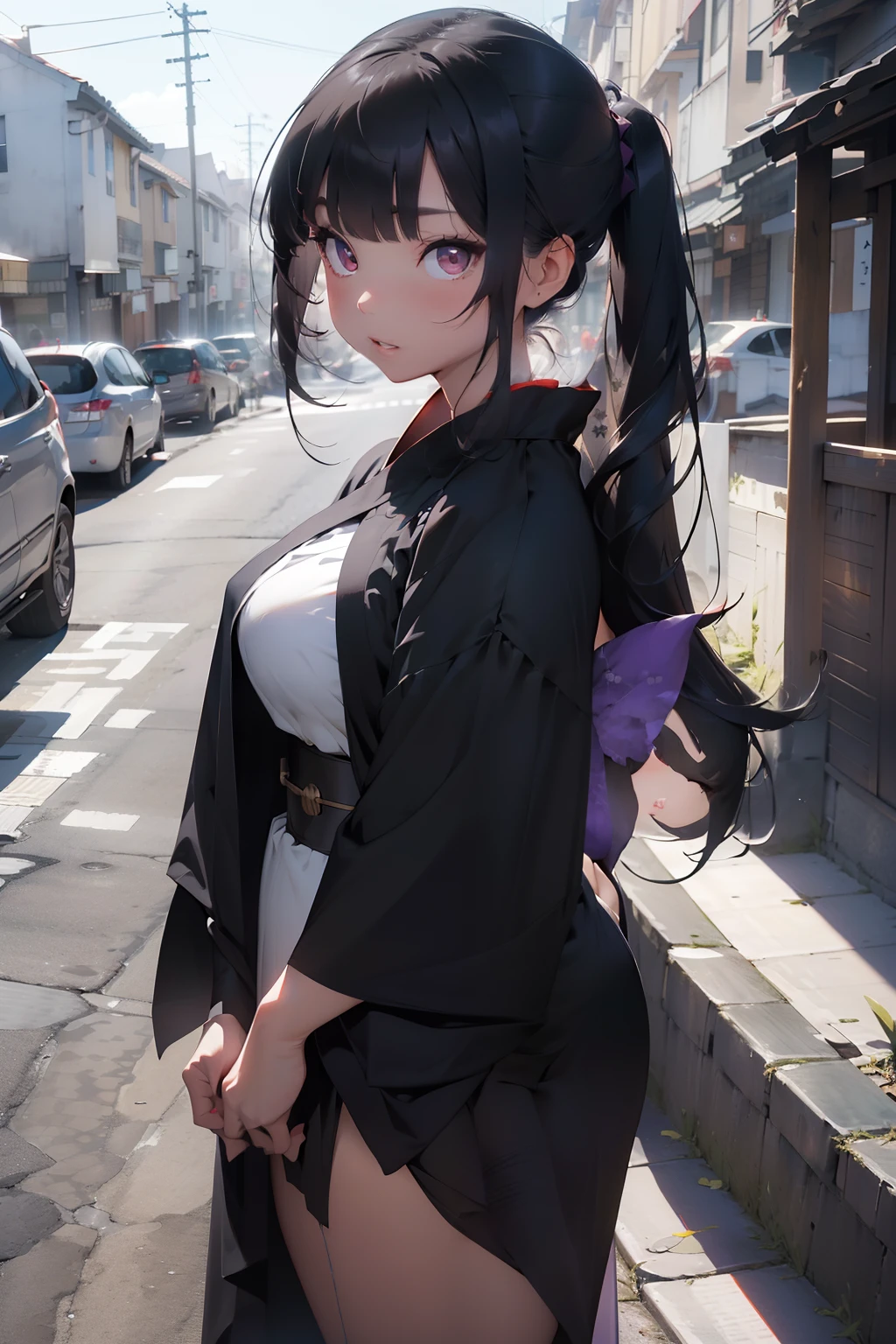 beautiful young woman, 4k, high quality, dynamic light, godrays, beautiful lighting, dynamic lighting and shadows, highlights, shining skin, glowing lights, bright reflections, shimmering light reflections, kimono, purple and black kimono, long black hair, straight bangs, red eyes, glaring, big plump soft lips, thick lips, katana on belt, kimono dress, long flowing dress, black kimono, black dress, leg slit, japanese road, cowboy shot, half shot,