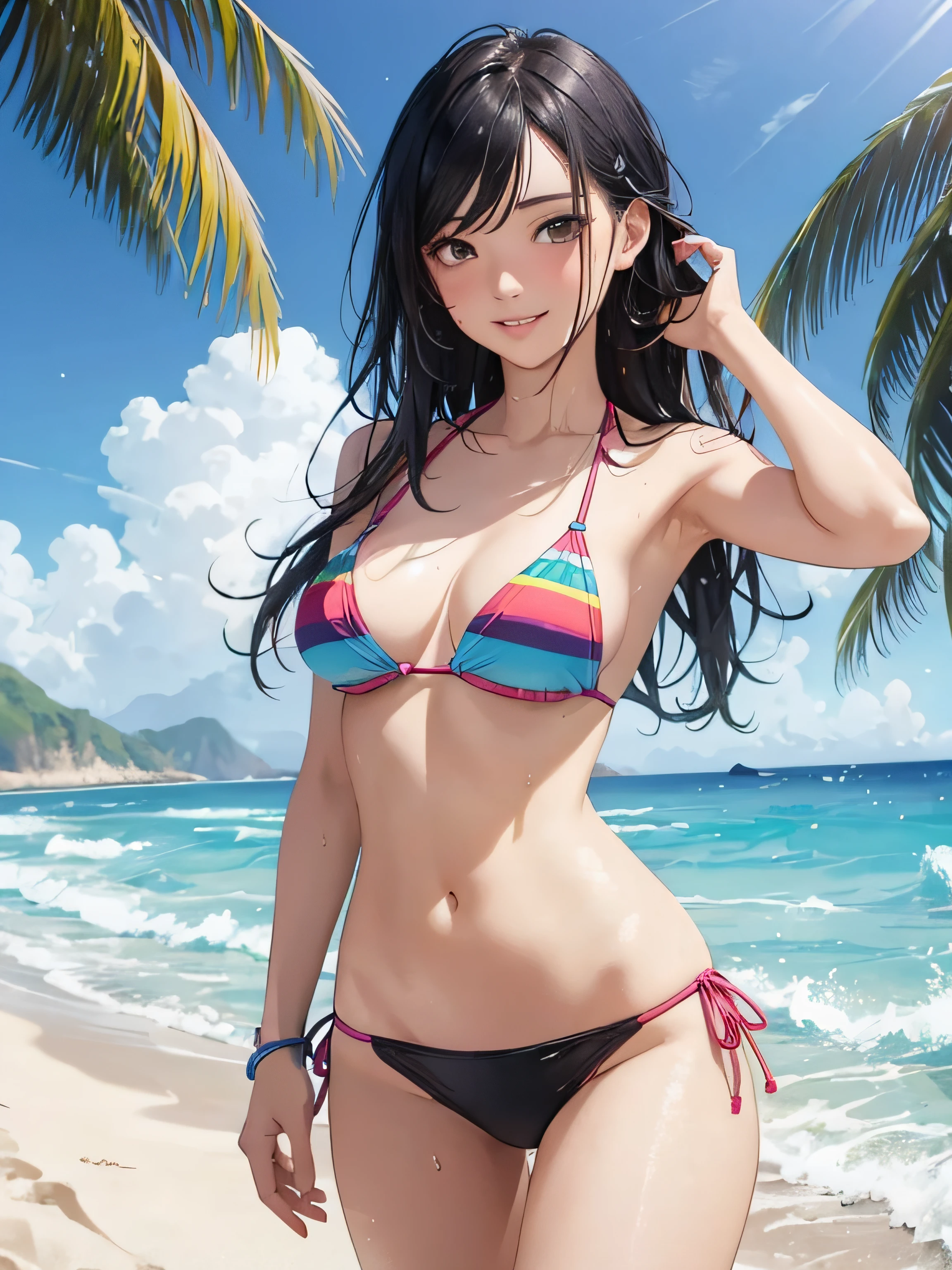 a girl with colorful bikini of different types, wet body, medium breasts, flirtatious and cheerful look, very well detailed, beach landscape, long black hair, photorealistic image.