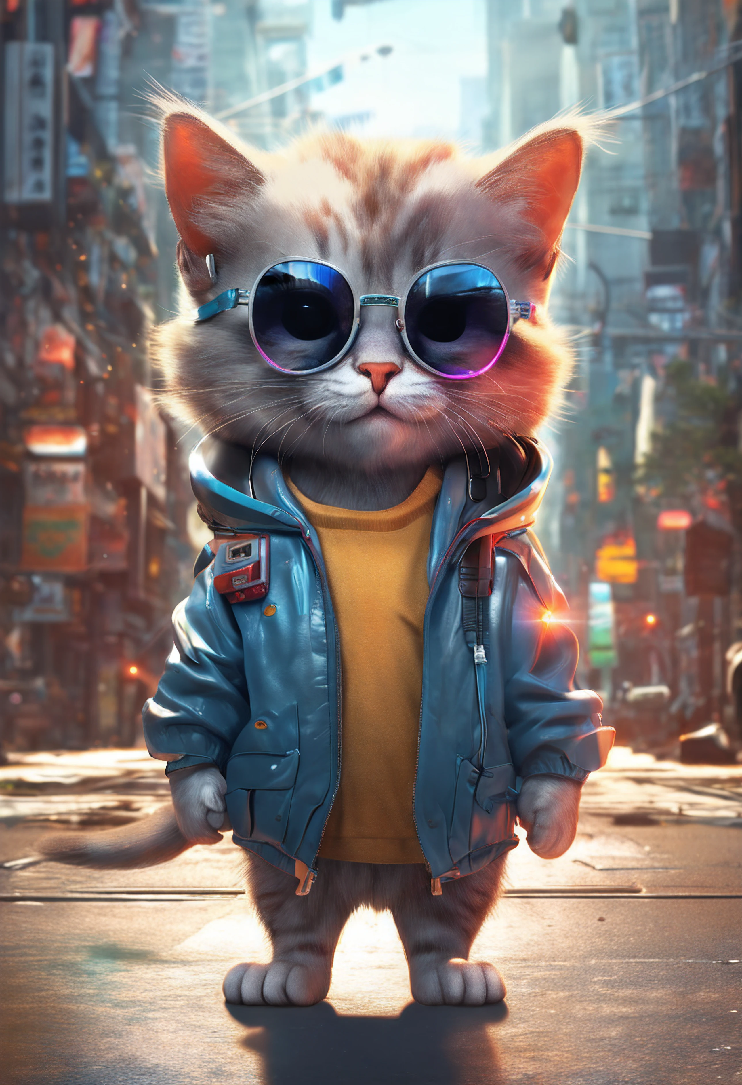Perfect centering, A cute kitten all over, Wear a student jacket, Wearing sunglasses, Wearing headphones, Standing position, Abstract beauty, Centered, Looking at the camera, Facing the camera, nearing perfection, Dynamic, Moonlight, Highly detailed, Digital painting, art stations, concept-art, smooth, Sharp focus, 8K, high definition resolution, illustration, Art by Carne Griffiths and Wadim Kashin, White background