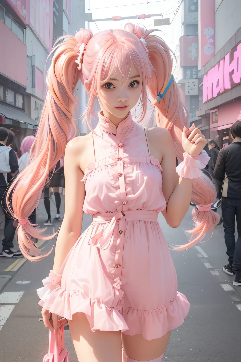 (best quality), (hyperrealistic), mh-yk, ((20yo women)), little smile, solo, light pink hair, glossy hair, (((pink neon hair))), light brown eyes, long hair, chinese clothes, twintails, ((straight twintails)), dress, jewelry, bangs, ((Diffuse light and create a soft, even glow)), (((tokyio streets )))