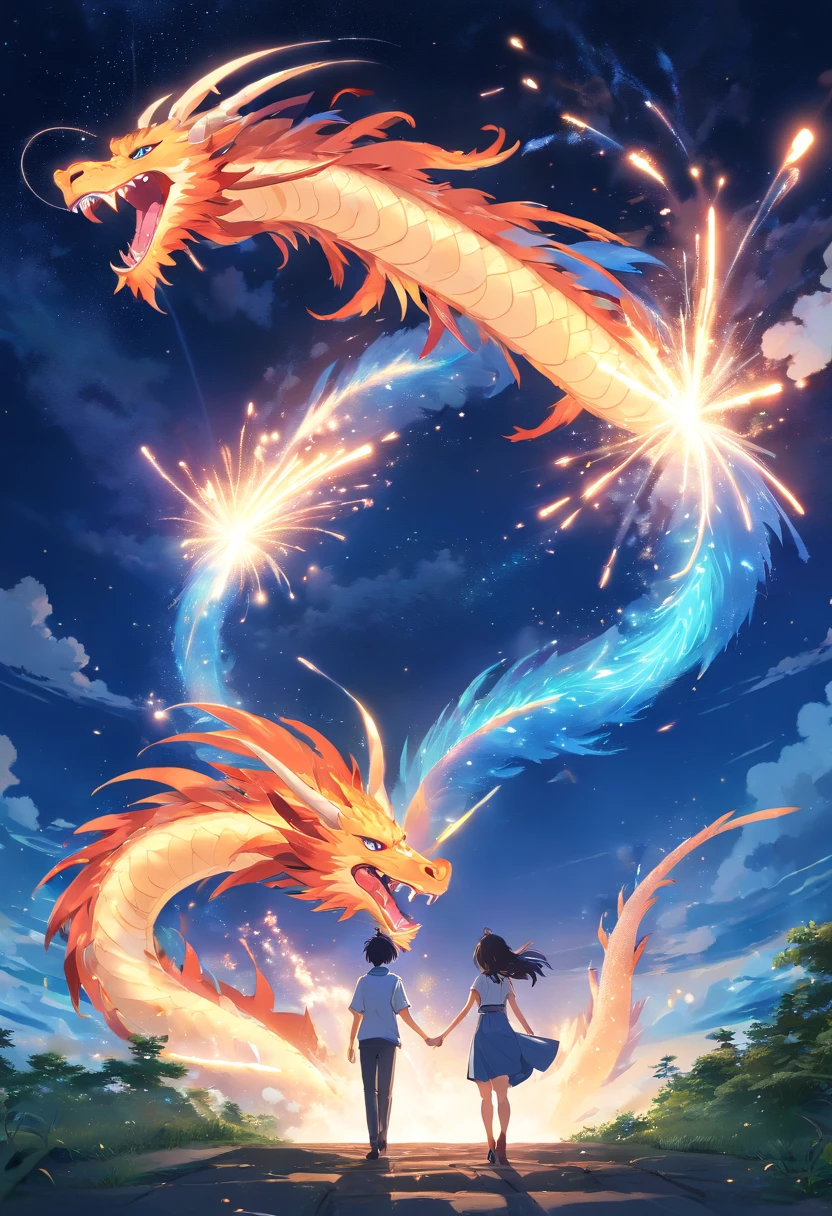 (best quality,4k,8k,highres,masterpiece:1.2),ultra-detailed,(realistic,photorealistic,photo-realistic:1.37),Chinese dragon,clouds,starry sky,,illustration,fiery red dragon,long flowing mane,sharp scales,detailed claws,powerful muscles,ferocious expression,majestic posture,fiery breath,billowing white clouds,dark blue sky with scattered stars,mysterious atmosphere,mythical creature,legendary guardian,colorful fireworks in the background,night scene,ethereal light