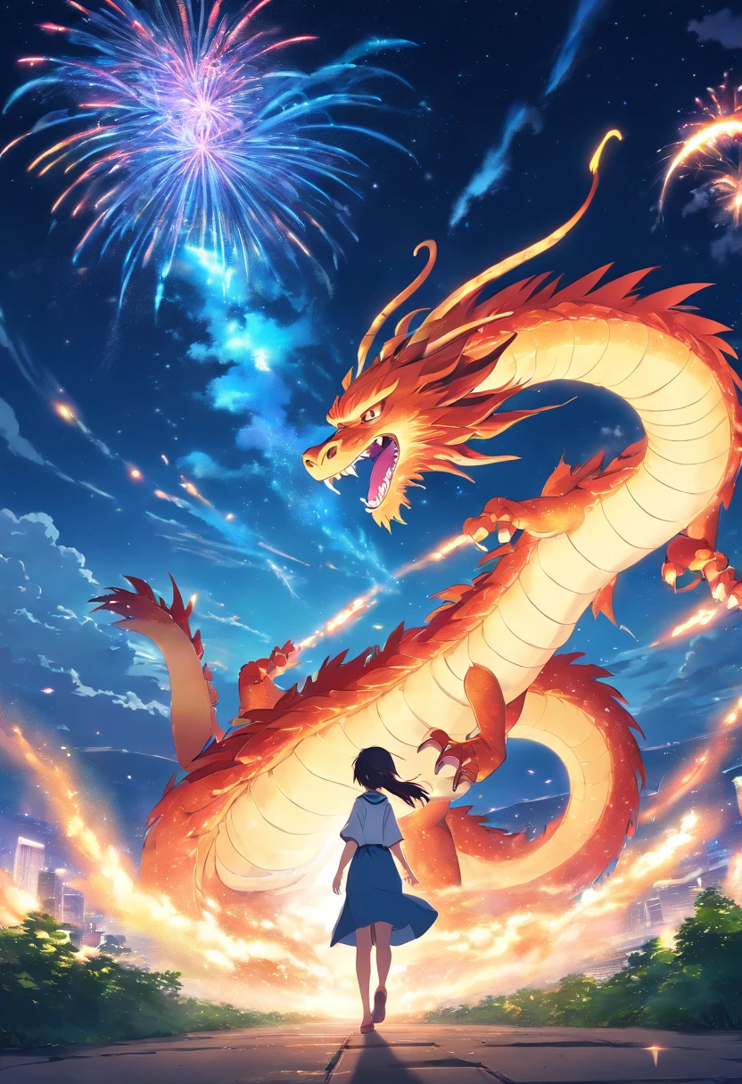 (best quality,4k,8k,highres,masterpiece:1.2),ultra-detailed,(realistic,photorealistic,photo-realistic:1.37),Chinese dragon,clouds,starry sky,,illustration,fiery red dragon,long flowing mane,sharp scales,detailed claws,powerful muscles,ferocious expression,majestic posture,fiery breath,billowing white clouds,dark blue sky with scattered stars,mysterious atmosphere,mythical creature,legendary guardian,colorful fireworks in the background,night scene,ethereal light