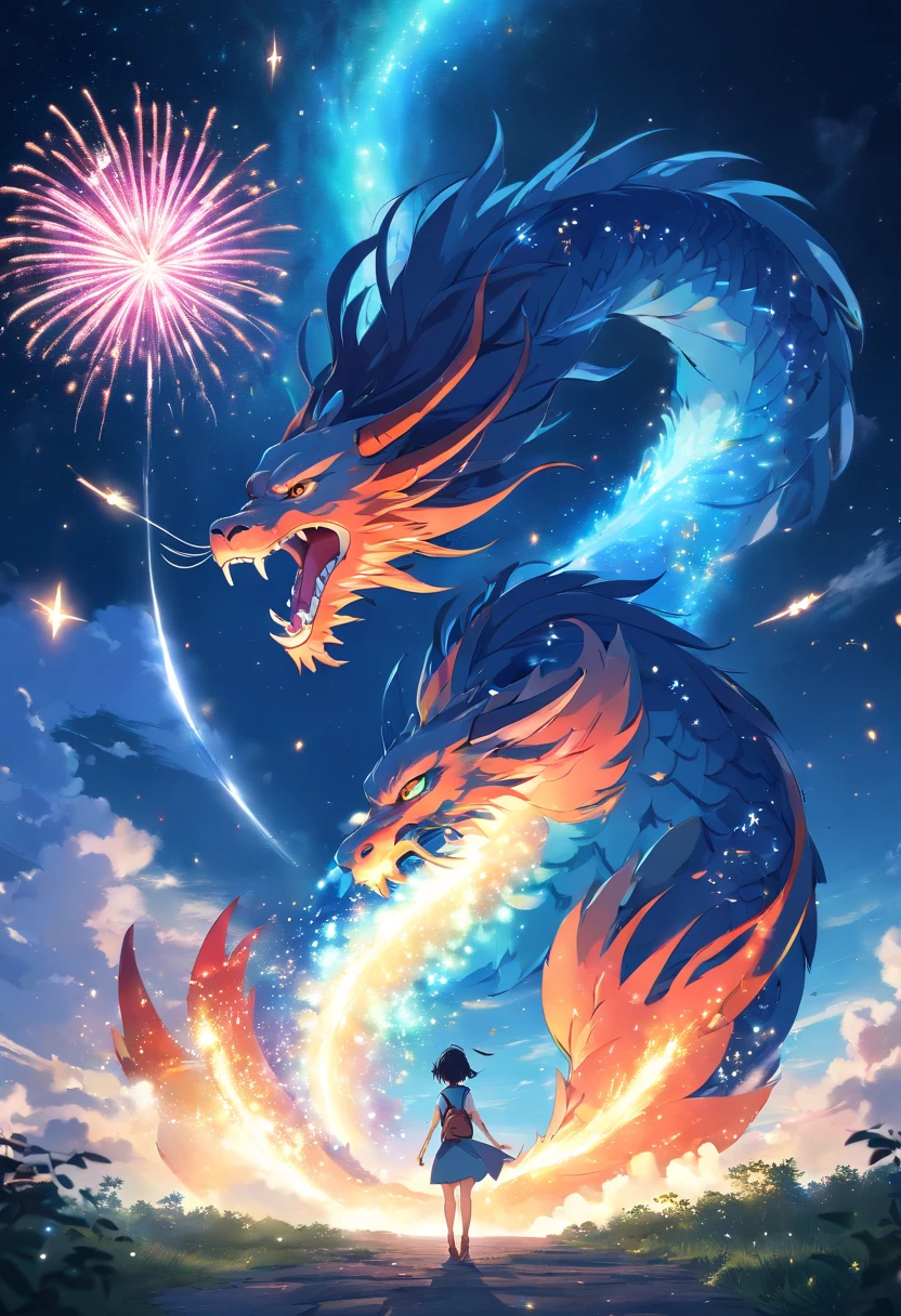 (best quality,4k,8k,highres,masterpiece:1.2),ultra-detailed,(realistic,photorealistic,photo-realistic:1.37),Chinese dragon,clouds,starry sky,,illustration,fiery red dragon,long flowing mane,sharp scales,detailed claws,powerful muscles,ferocious expression,majestic posture,fiery breath,billowing white clouds,dark blue sky with scattered stars,mysterious atmosphere,mythical creature,legendary guardian,colorful fireworks in the background,night scene,ethereal light