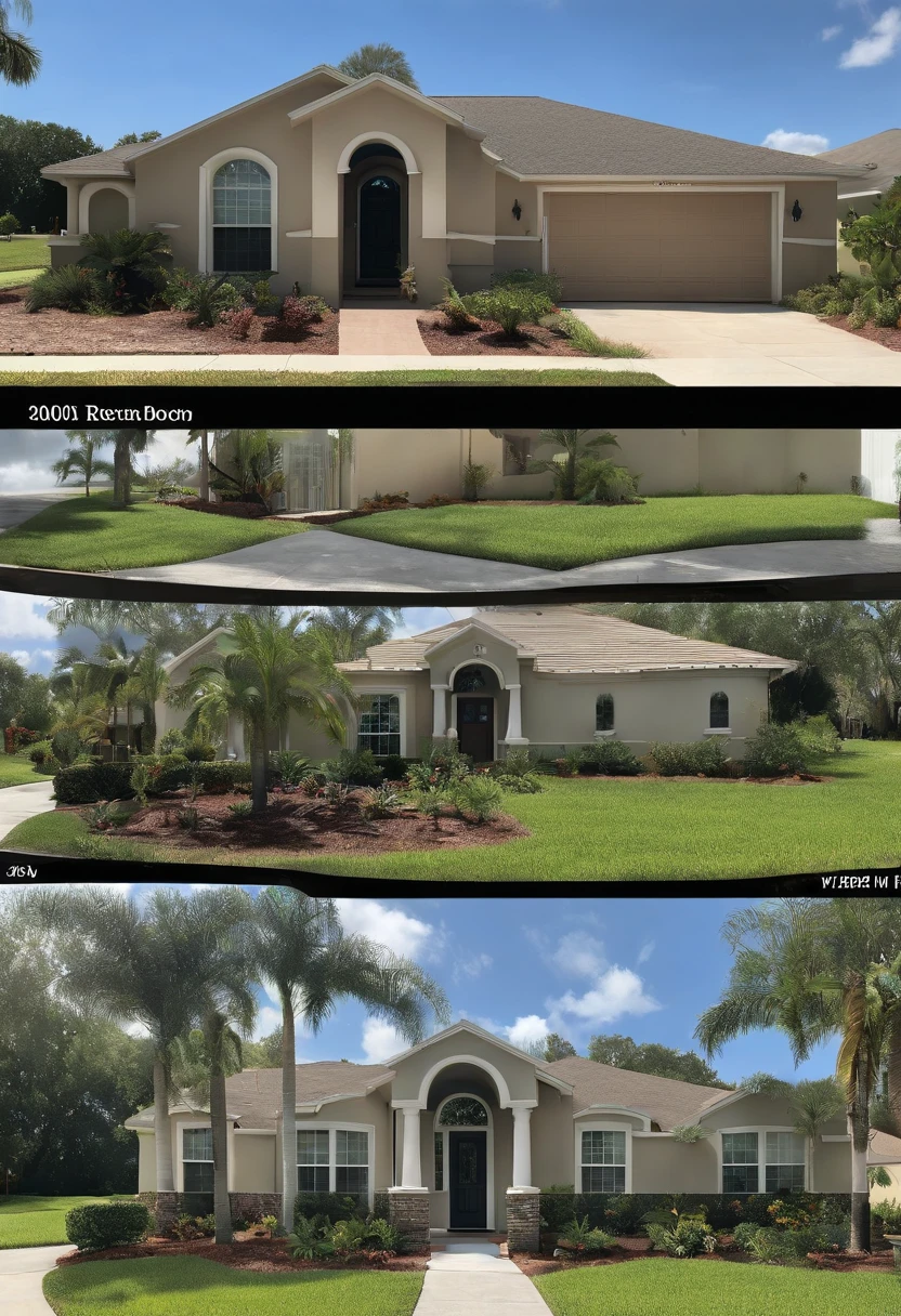 hyper realistic, 4k, exterior single level 3 bedroom modest house built in early 2000s style in the US, middle class neighborhood in St. Pete Florida (RAW photo, real, best quality, masterpiece:1.2), (hyper realistic, photo-realistic:1.2), high quality,
