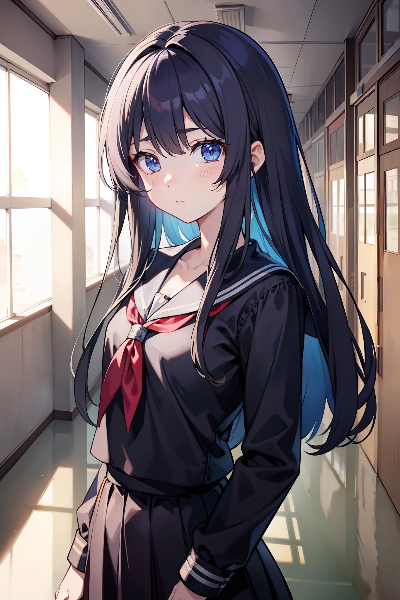 tmasterpiece，best qualtiy，tmasterpiece，best qualtiy，offcial art，the Extremely Detailed CG Unity 8K Wallpapers，traditional_Mediums，Kizi，，black hair band，long whitr hair，whaite hair，eBlue eyes，Small breasts，，Expressionless，,low-tied long hair,straight on,Pupil of the slit,serafuku,school hallway