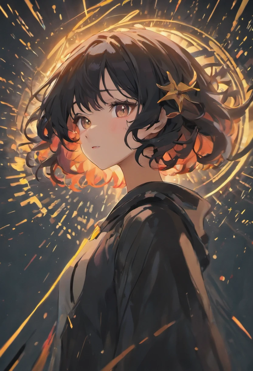(best quality,4k,8k,highres,masterpiece:1.2), ultra-detailed, 1girl, curly black hair, beautiful detailed lips, dark curly hair, black clothes, portrait, vibrant colors, studio lighting, bokeh