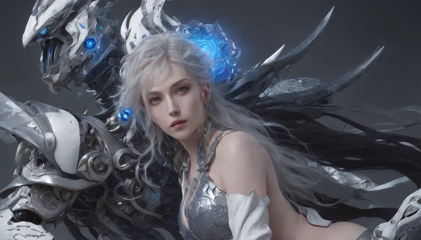 Luna Freya Knox Frey，Highest image quality，Outstanding details，超高分辨率，（Fidelity：1.4）, Favor the details，closeup cleavage，cropped shoulders，High-tech dragon knight mech，He has a delicate and beautiful face，（（Blue-white flying semi-mechanical fuselage：1.8）），Raised sexy，frontage，Cidade futuristica，Snow，themoon，mechanically aesthetic，Virtual Engine 5，Perfect detail rendering，rendering by octane，hyper HD