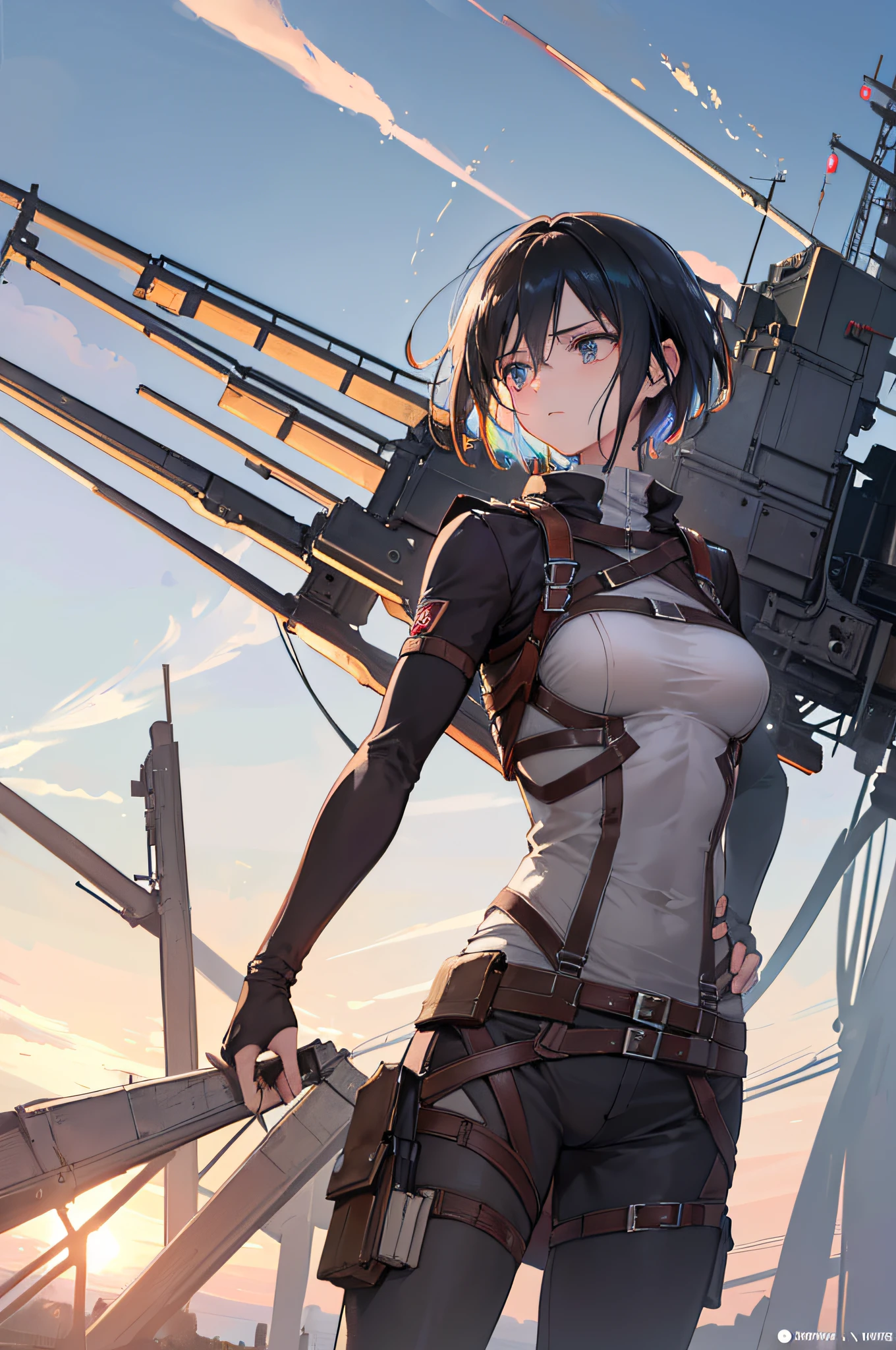 Mikasa Akerman, cutting the giant's mouth as he passes at high speed, beams of light in his movement, Attack on Titan style constructions, full body, photography, (ultra-realistic), {extremely detailed 8k CG unit wallpaper }, expansive landscape photography, (a low view that prioritizes the character and setting, wide open field view), (low angle shot), (high light: 1.7), (low light: 1.0), (source warm light: 1.5), complex details, (iridescent colors: 1.5), (bright lighting), (atmospheric lighting), dreamy, magical, Anime