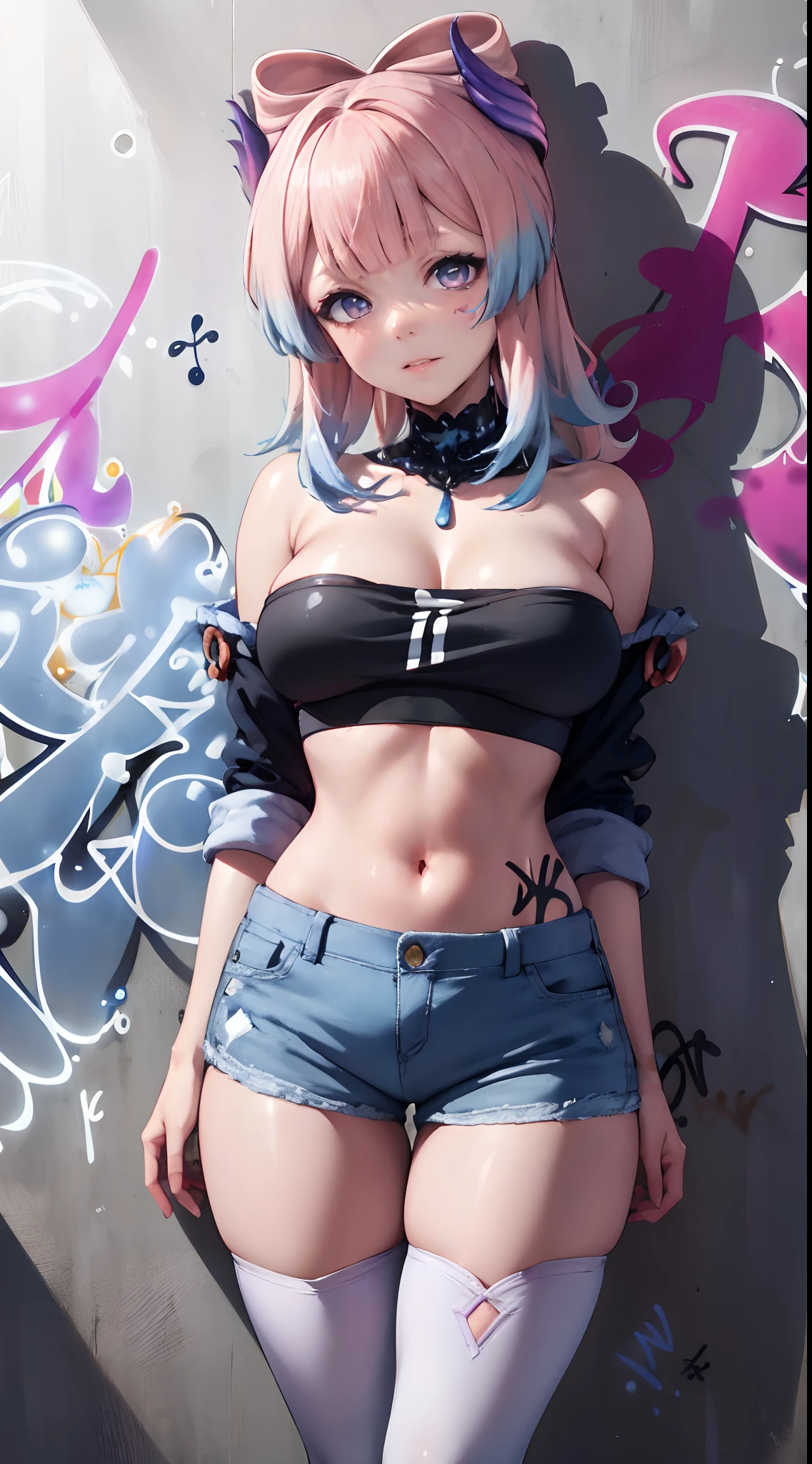 Sangonomiya Kokomi|genshin impact, master-piece, bestquality, 1girls,25 years old, shorts jeans, oversized breasts, ,bara, crop top, shorts jeans, choker, (Graffiti:1.5), Splash with purple lightning pattern., arm behind back, against wall, View viewers from the front., Thigh strap, Head tilt, bored, water eyes,