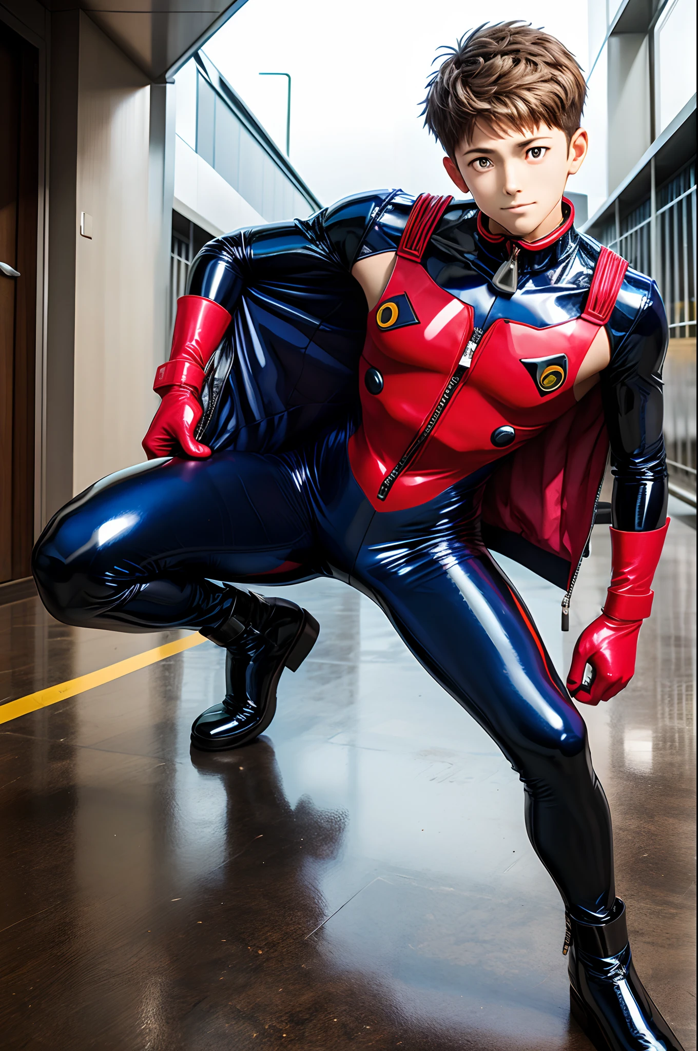 Shin Evangelion，shinji ，Blue tight combat suit，Blue latex coat，latex shiny，Full body photo