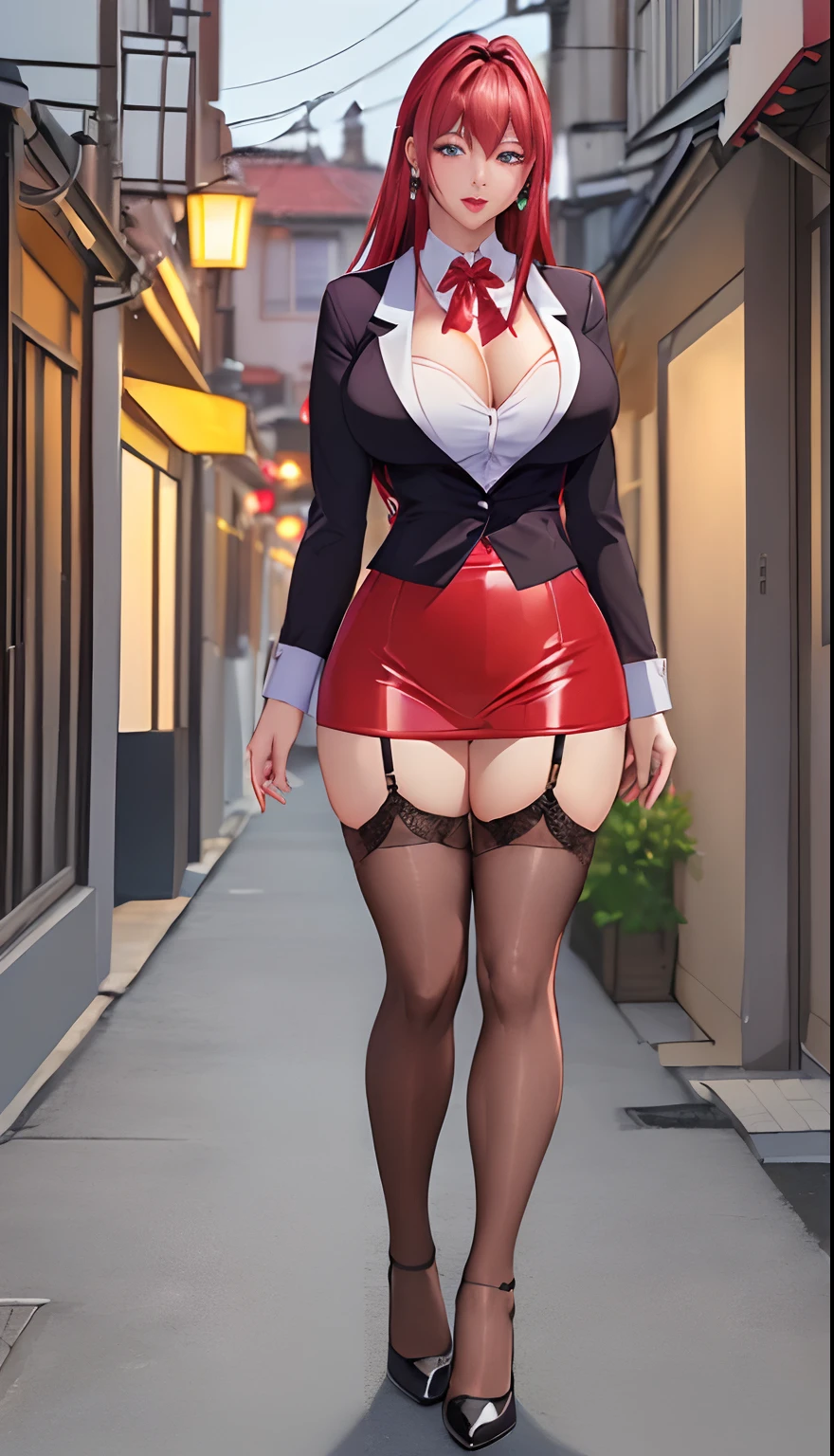(Masterpiece, Best Quality, High Quality:1.4), professional artwork, Intricate Details, field of view, sharp focus, detailed painting, masterpiece, trending on pixiv, (vibrant colors, by by Nagasawa Rosetsu:1.05),
Hiroko Takashiro, (mature female, milf:1.1), solo, (curvy:1.1), back alley, nighttime, dark alleyway, (full body shot:1.1),
(red hair:1.05), long hair, lipstick, makeup, ultra detail hair, ultra detail face, (purple eyes:1.05), perfect eyes, perfect face, earrings, (confused, blush:1.2),
shirt, jacket, (black thighhighs, garter belt:1.1), zettai ryouiki, pencil skirt, school uniform, highheels,
(Large Breasts:1.1), Cleavage, big ass, thighs,