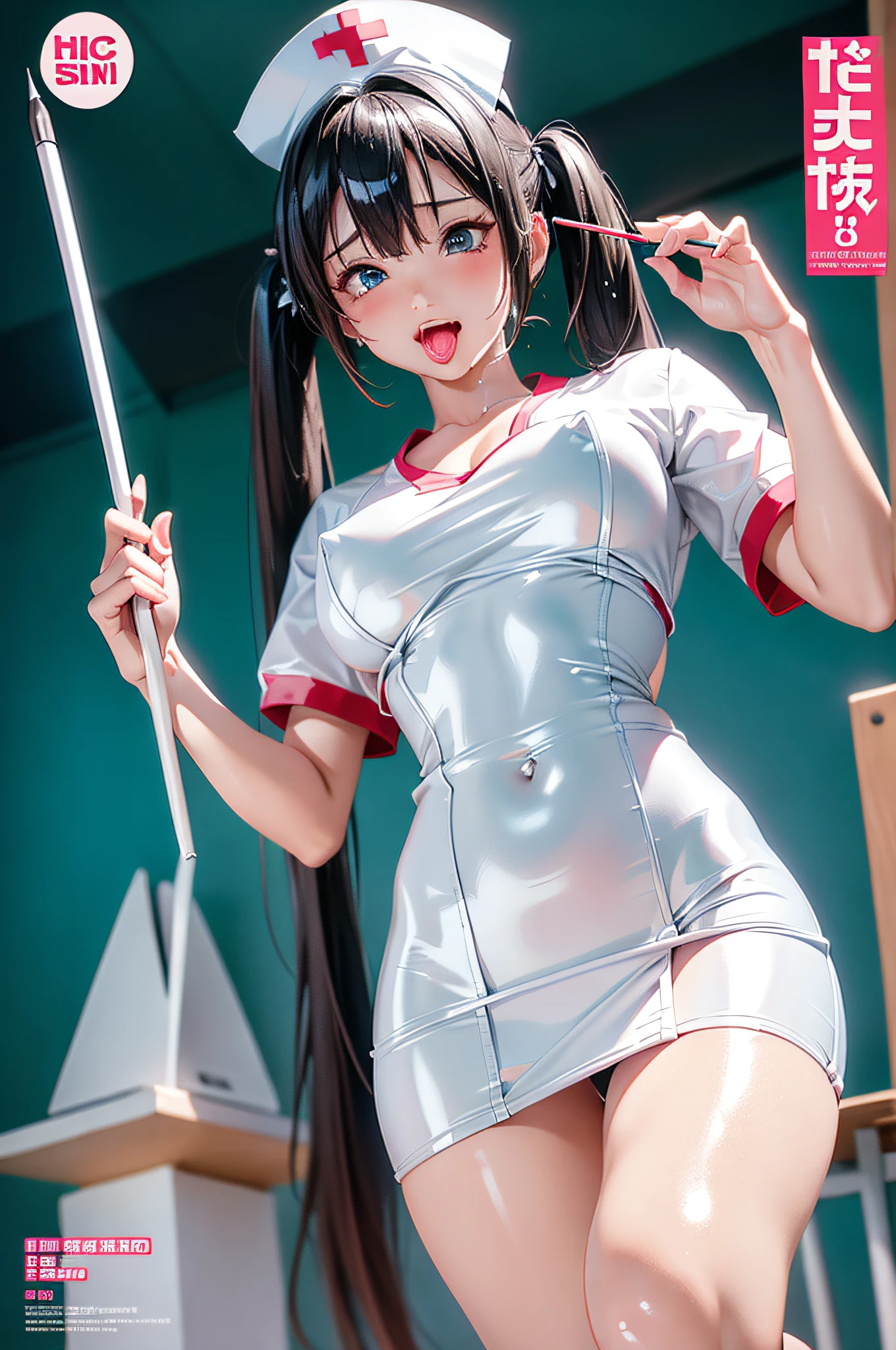 (Colorful magazine cover with lots of big English letters),((From below:1.2))、(Show off your crotch)、Standing Sexy Pose、Grid girl with team logo on chest、pretty 1girl, top-quality、The ultra -The high-definition、hight resolution、extremely details CG、8K Unit Wallpapers、17 age、Beautiful detailed eyes,( Colossal tits),biomechanical oppai,pigtail hair、(((Nurse Cap、Tight enamel pencil microskirt、Body Conscious)))、(a wet body:1.4)、(Shiny body,:1.6)、 blush, Sweat,be shy、(Ahegao:1.5)、(Stick out your tongue and drool)、red blush、full of shyness、
information
