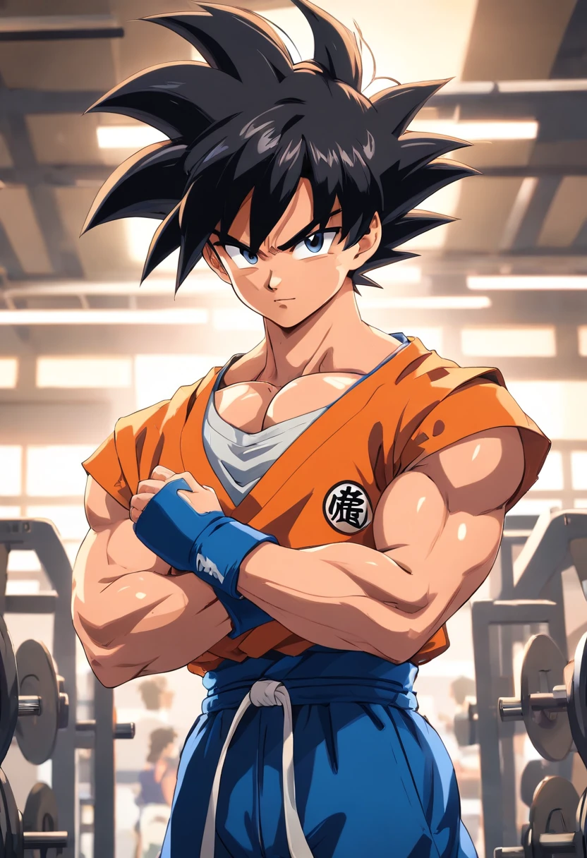 Goku ultra instinto, (masculino), cabelo Branco, Dragon ball z, working out in a bodybuilding gym, well-defined muscles, focus in muscles, detailed biceps and triceps, cabelo perfeito, rosto perfeito, perfect hands, dedos perfeitos@geek storenexus