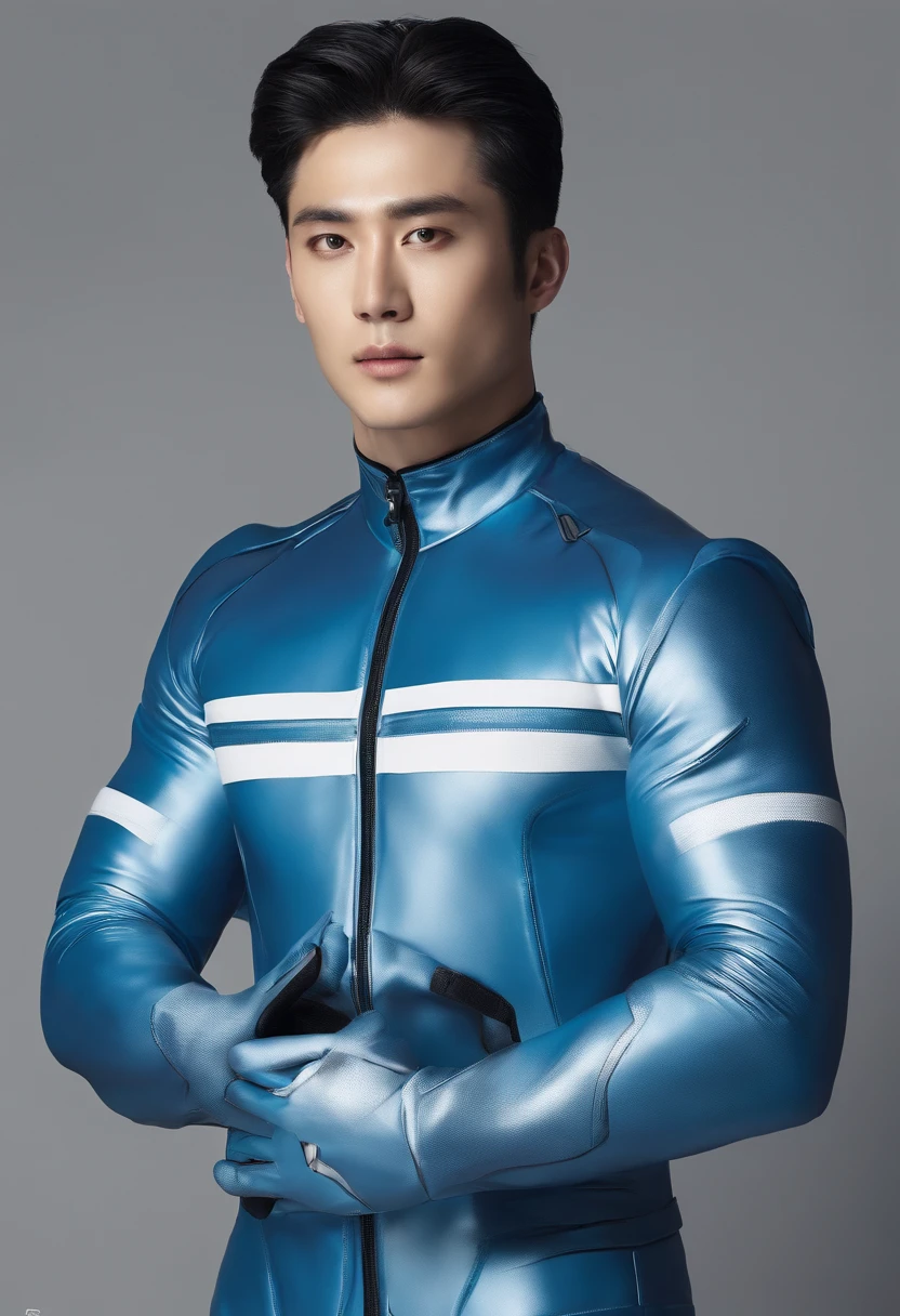 Young men,shinji,Blue latex coat,tightsuit,fully body photo,Muscular body