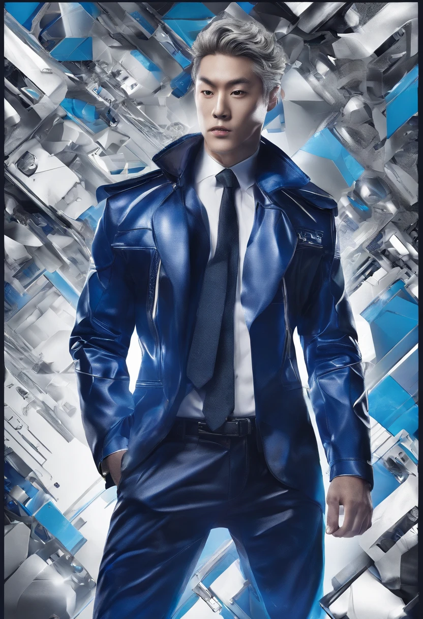 Young men，shinji，Blue latex coat，tightsuit，fully body photo，Muscular body