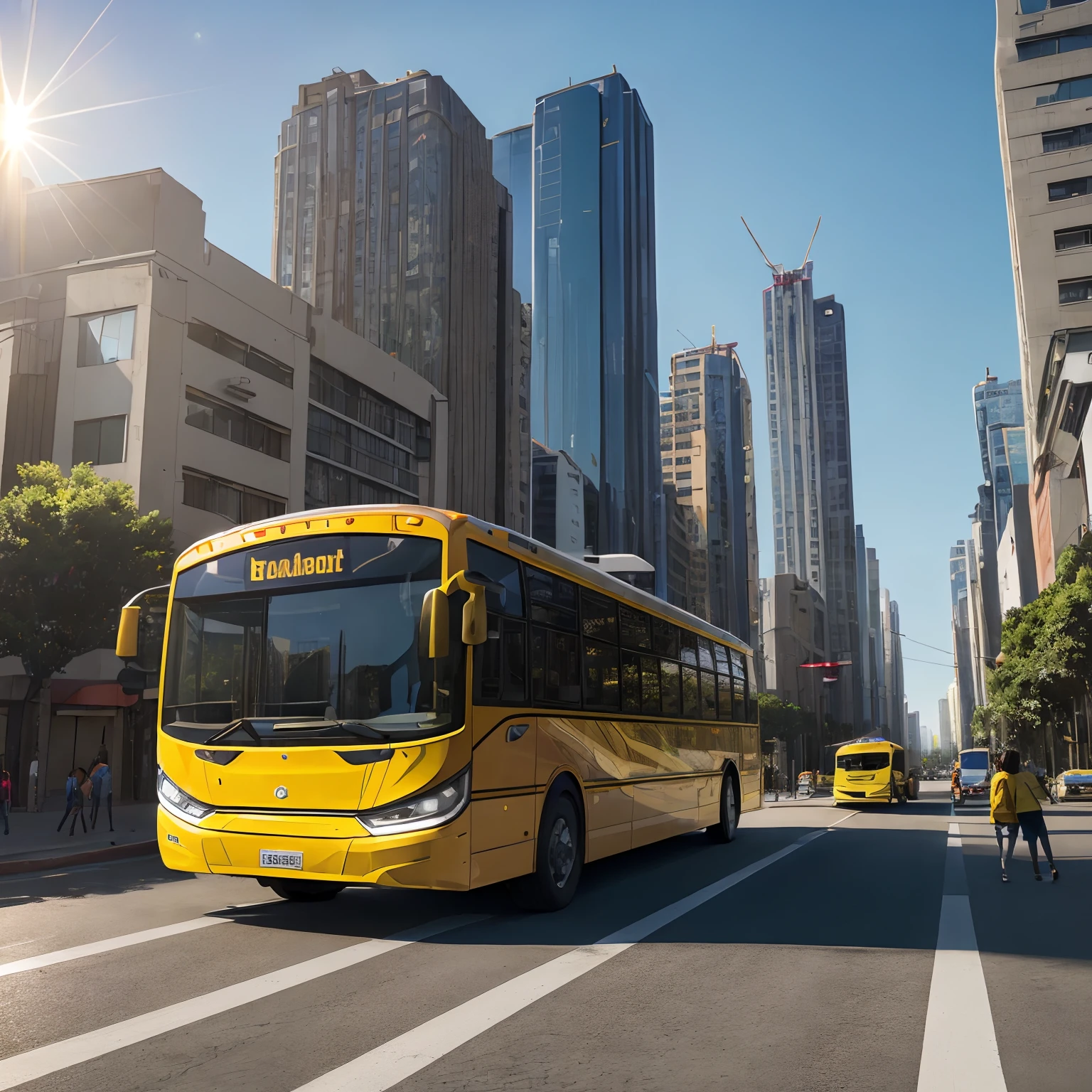 (best quality,4k,highres),realistic,modern one-floor electric yellow school bus, American style in Sao Paulo,illustration,detailed exterior design,vibrant colors,parked on a street,with children playing nearby, sunny day,lens flare,urban setting,futuristic atmosphere,horizon outlined by tall buildings,in the background,full of life and energy