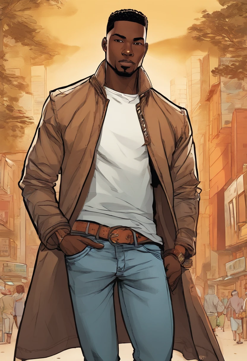 a close up of a dark skin person wearing a jaguar spotted brown jacket, white tank top underneath jacket, dark gray jeans with a black belt on his waist, brown shoes with golden toe caps.