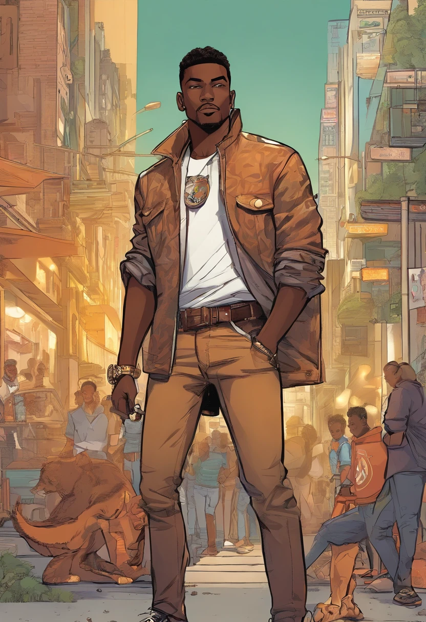 a close up of a dark skin person wearing a jaguar spotted brown jacket, white tank top underneath jacket, dark gray jeans with a black belt on his waist, brown shoes with golden toe caps.