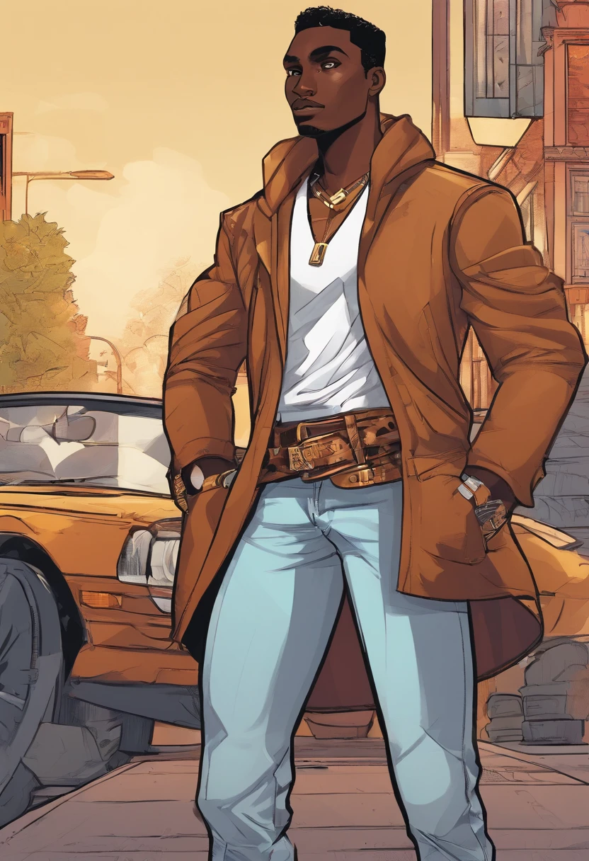 a close up of a dark skin person wearing a jaguar spotted brown jacket, white tank top underneath jacket, dark gray jeans with a black belt on his waist, brown shoes with golden toe caps.