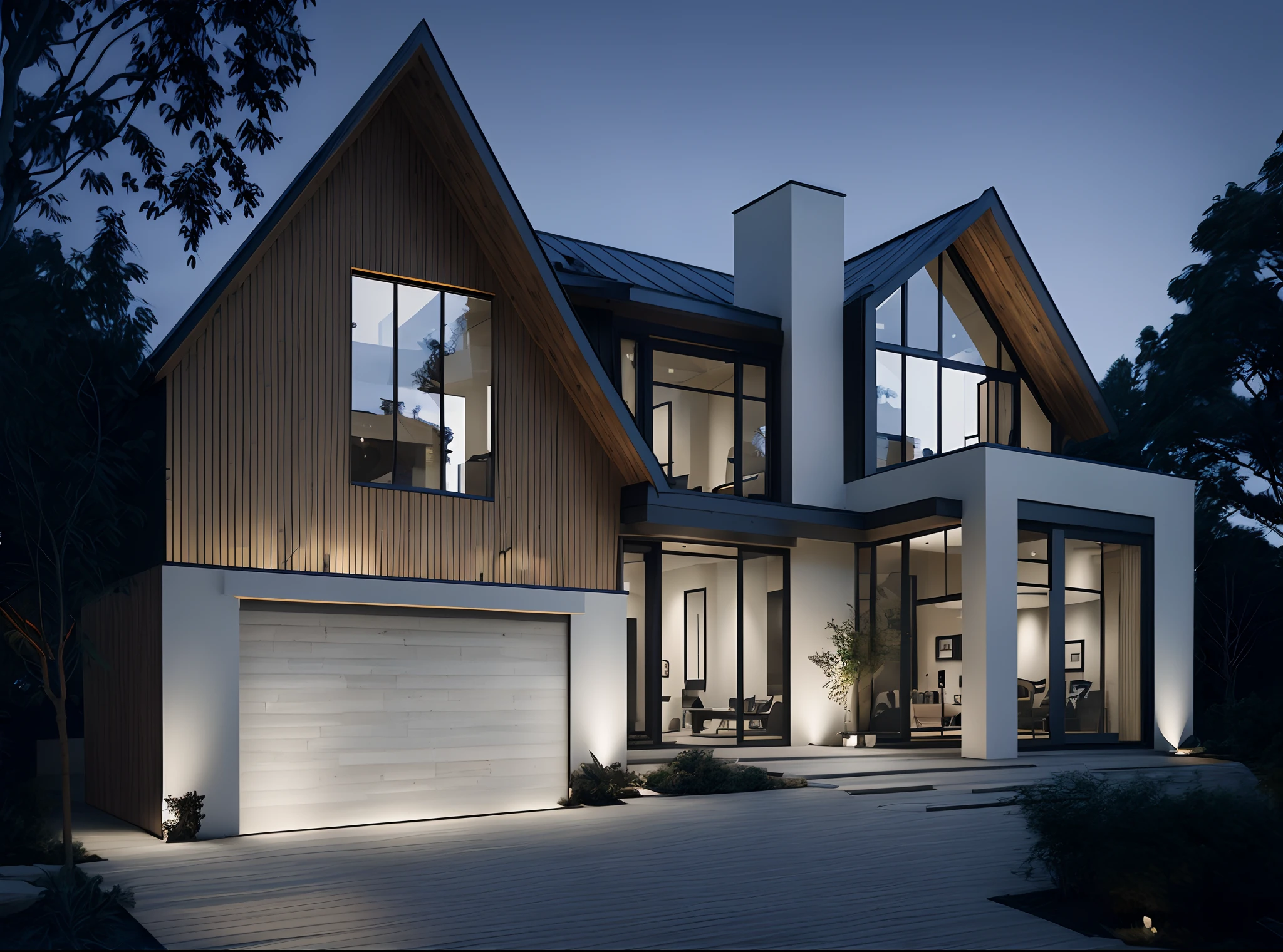 gable roofs, contemporary Scandinavian chalet house, floor-to-ceiling windows, smooth limestone accents, smooth cedar accents, black garage-door, hotel chic, exterior design, award winning render, contemporary house, a photorealistic rendering, fully detailed render, large modern residence, 4k, dusk, dramatic exterior lighting