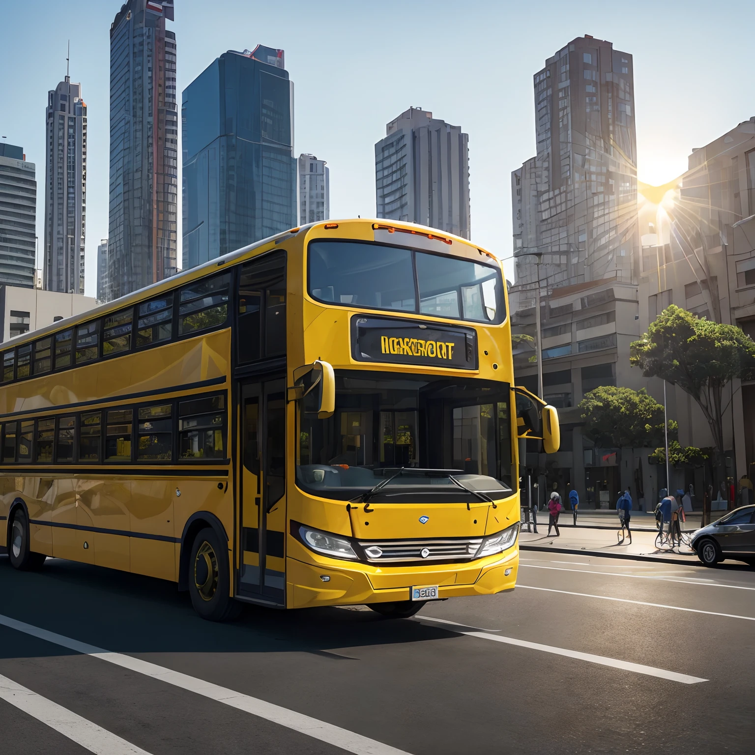 (best quality,4k,highres),realistic,modern one-floor electric yellow school bus, American style in Sao Paulo,illustration,detailed exterior design,vibrant colors,parked on a street,with children playing nearby, sunny day,lens flare,urban setting,futuristic atmosphere,horizon outlined by tall buildings,in the background,full of life and energy