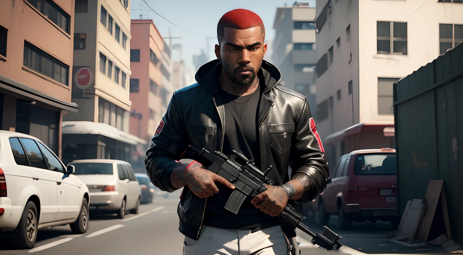 A lonely man, Tatuado, red hair, pele negra,corte vermelho, gta personagem, Como o protagonista de GTA 5, gta v estilo, Kanye West em GTA v, gta5 estilo, gta v personagem, empunhando fuzil de assalto, rifle in hand, Fuzil AK -47, slum scenery.
