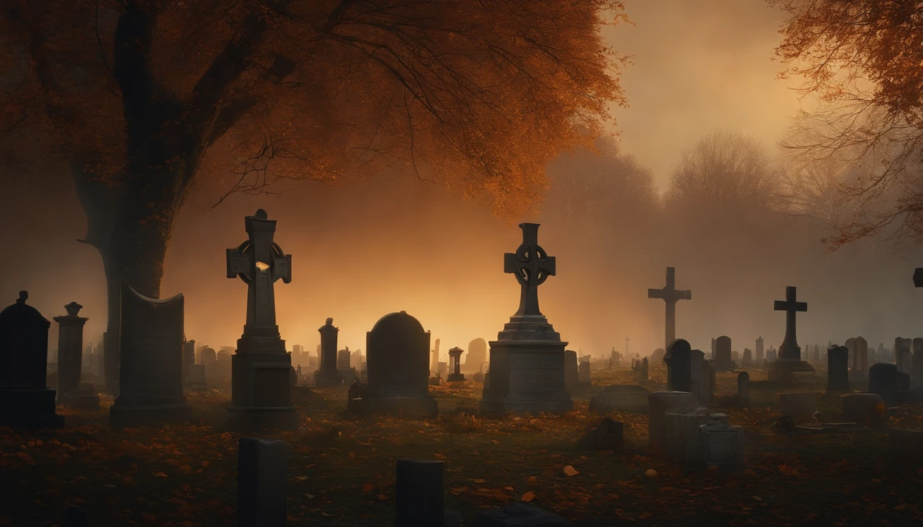 There is a cemetery with many headstones in the background, Alexey Egorov, Directed by: Eglon van der Neer, Bussiere Rutkowski Andreas Rocha, eerie nostalgic concept art, arte de fundo, Directed by: Otakar Kubin, Martin Raphael Lacoste, cemetery landscape, graveyard background, graveyard, graveyard, Stefan Koidl inspirado , Realistic, hyper realistic, super realista com imagens queimadas, ultra high definition