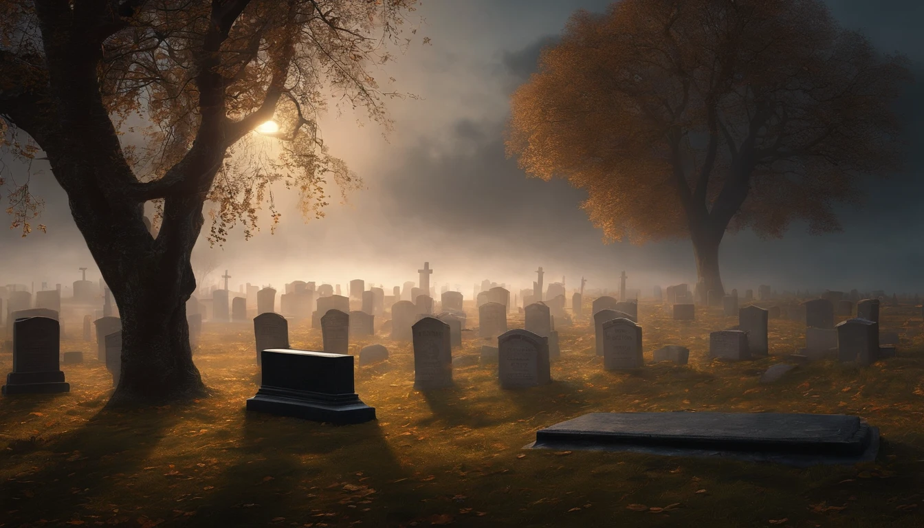 There is a cemetery with many headstones in the background, Alexey Egorov, Directed by: Eglon van der Neer, Bussiere Rutkowski Andreas Rocha, eerie nostalgic concept art, arte de fundo, Directed by: Otakar Kubin, Martin Raphael Lacoste, cemetery landscape, graveyard background, graveyard, graveyard, Stefan Koidl inspirado , Realistic, hyper realistic, super realista com imagens queimadas, ultra high definition