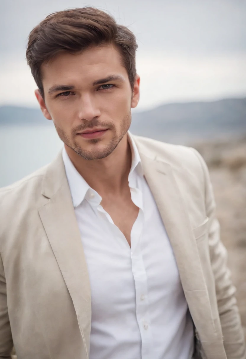 Portrait of handsome man 30 years old round face cinematic appearance、Collared white shirt and jacket
