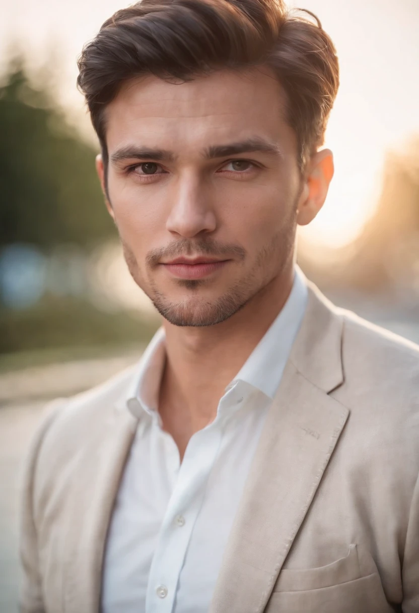 Portrait of handsome man 30 years old round face cinematic appearance、Collared white shirt and jacket