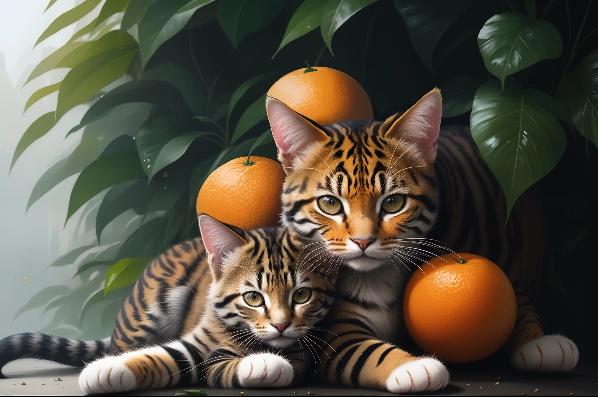 oranges jungle cats, kitten sleeping in, winter in Japan, Failure to draw eyes is unacceptable, ultra hd 8k, concept art portrait by Greg Rutkowski, artgerm, hyperdetailed, intricately detailed, triadic colours, fantastical, intricate detail, splash screen, complementary color, 8k resolution, oil painting, heavy strokes, soft lighting, film photography, analogue photography, film grain, hyperrealism,