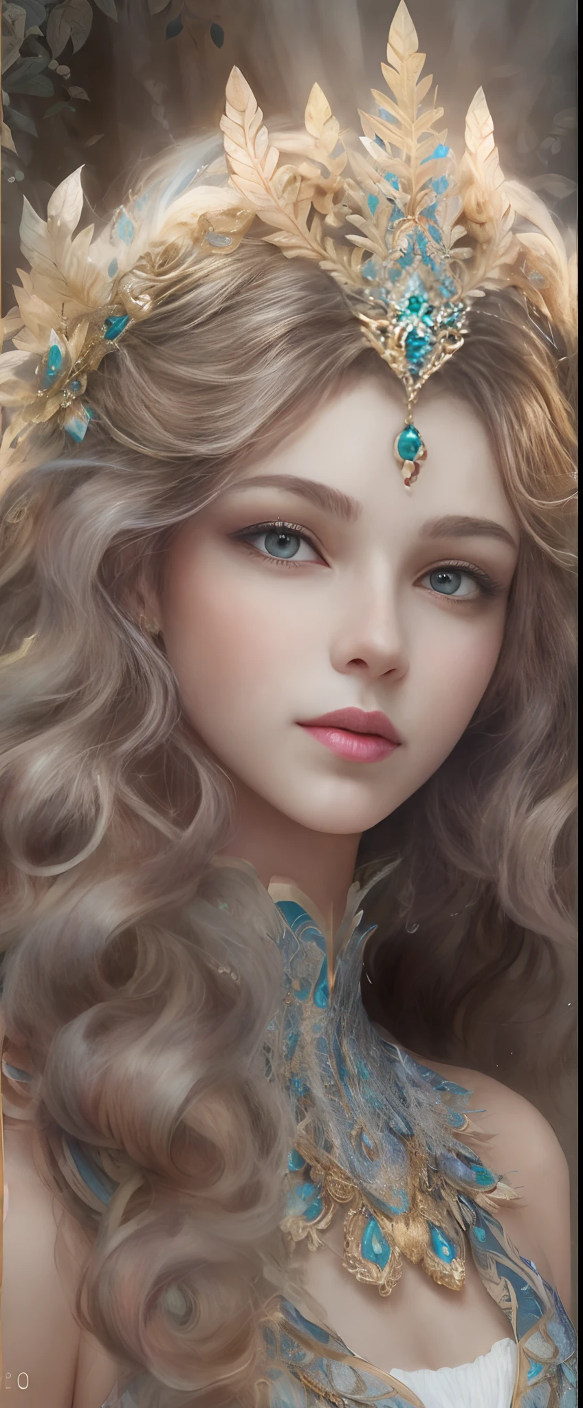 (Best quality, 4K, 8K, A high resolution, Masterpiece:1.2), Ultra-detailed, Realistic portrait of the upper body of an 18 year old aristocratic girl, Exquisite facial features，Clear and shiny eyes，Long curly hair details expressed, The posture is leisurely and natural，Graceful posture, The golden ratio of the head and body，Dreamy atmosphere, expressive brush strokes, mystical ambiance, Artistic interpretation,Delicately coiled hair，Floral filigree crystal diamond jewelry，Ultra-extreme detail，Exquisite details，Fresh aesthetics，Stunning intricate costumes, Fantasy illustration, Subtle colors and tones, mystical aura,The details have been upgraded