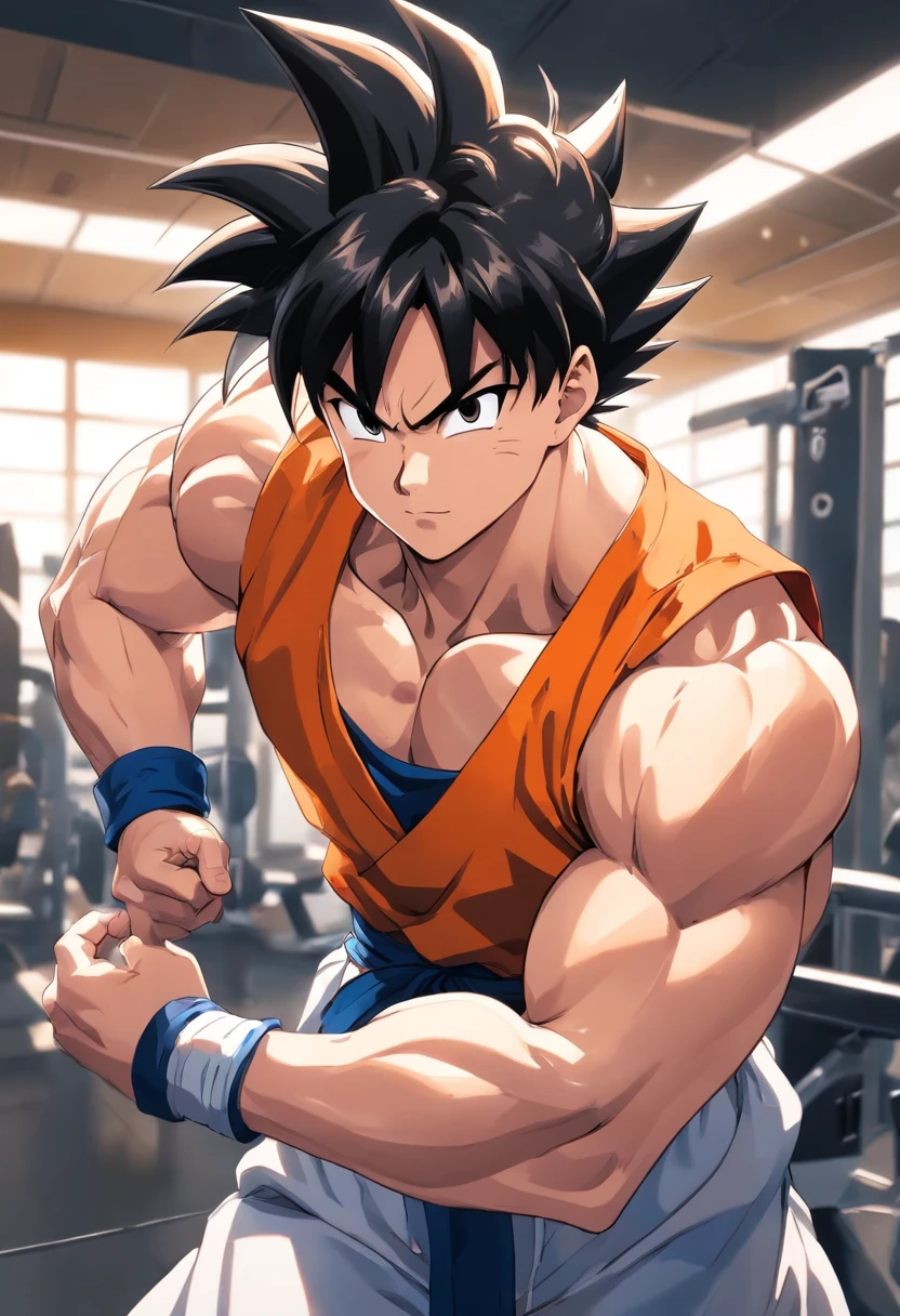Goku Ultra instinto, (masculino), Cabelo branco, Dragon ball z, working out in a bodybuilding gym, well-defined muscles, focus in muscles, detailed biceps and triceps, cabelo perfeito, rosto perfeito, perfect hands, dedos perfeitos@storenexus geek