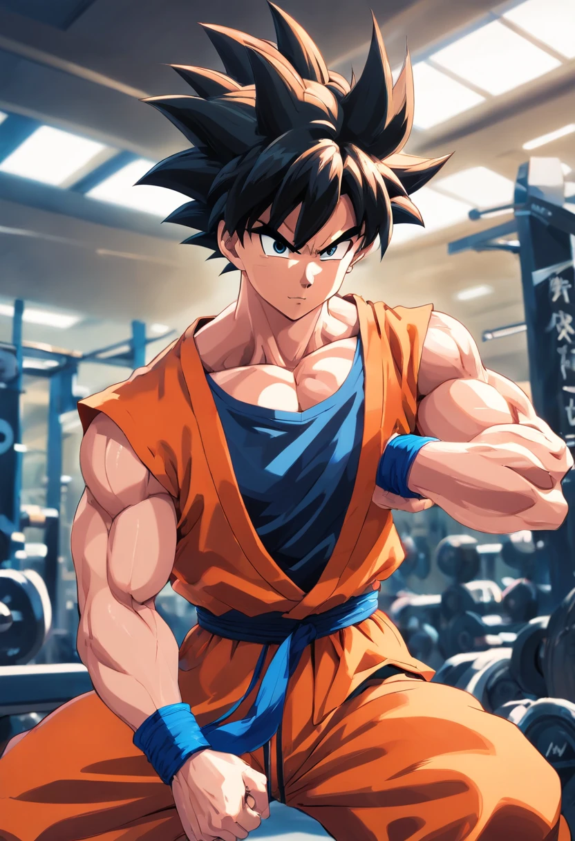 (highres,masterpiece:1.2),goku training at a bodybuilding gym,strong muscular man,impressive muscular physique,strong arms and legs,heavyweights,weightlifting equipment,weight plates and barbells,gym mirrors,exhaustive workout routine,intense sweat and determination,steely focus,goku's iconic spiky hair,goku's fierce expression,athletic energy,goku's orange and blue gi,well-defined muscles,rippling biceps and toned abs,bulging veins in arms,hardcore gym atmosphere,dumbbells and kettlebells,indoor gym lighting,gritty gym floor,wall-mounted pull-up bar,goku's vibrant aura,powerful aura radiating from goku's body,determined stare,unyielding will,dragon ball super styling,colorful and vibrant artwork,strong and dynamic lighting,blurred motion in the background,isolated gym setting,perfectly sculpted physique,glistening sweat on goku's body,muscle definition in every detail,inspiring motivation and perseverance.