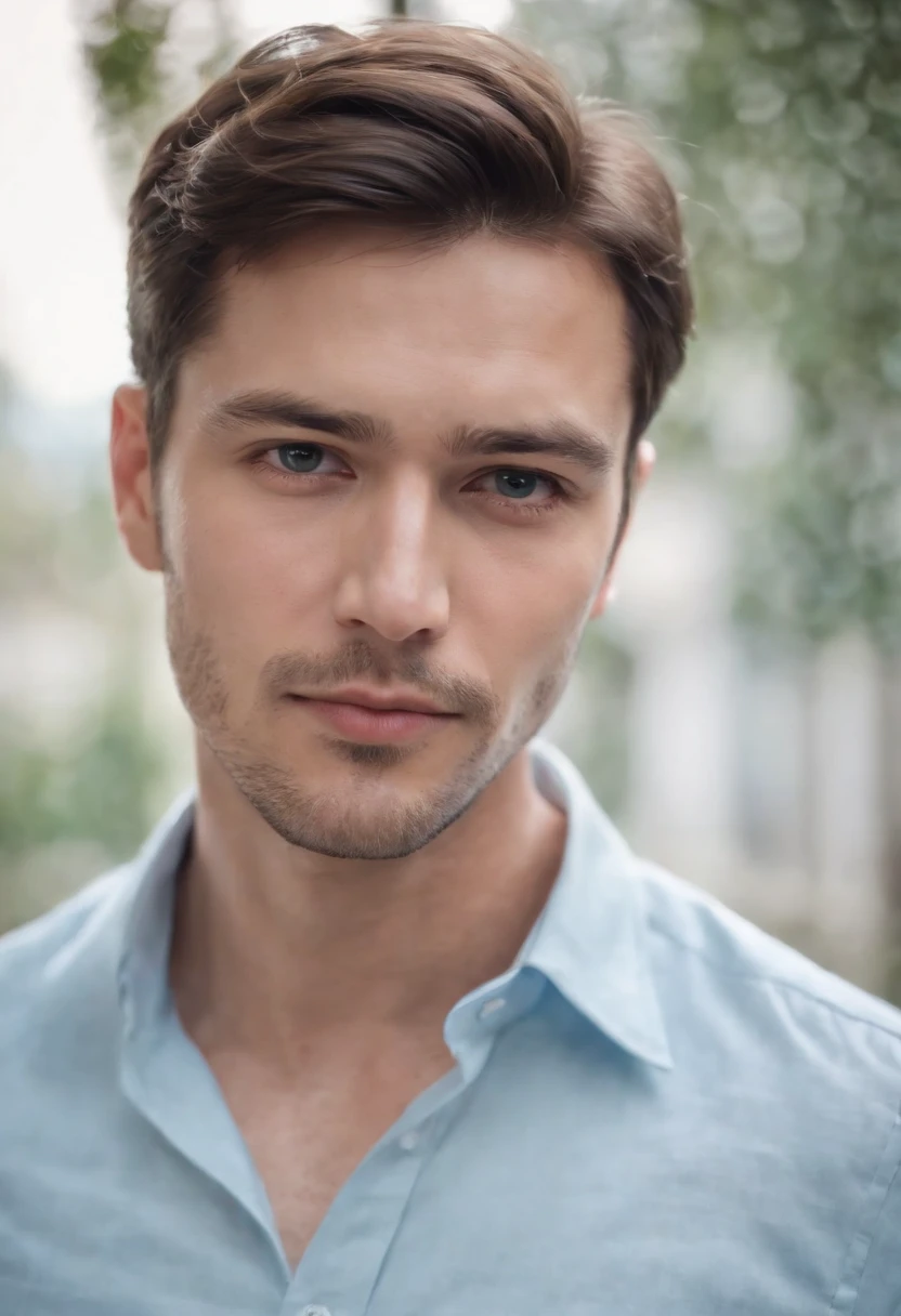 Portrait of handsome man 30 years old round face cinematic appearance、Light blue shirt with collar