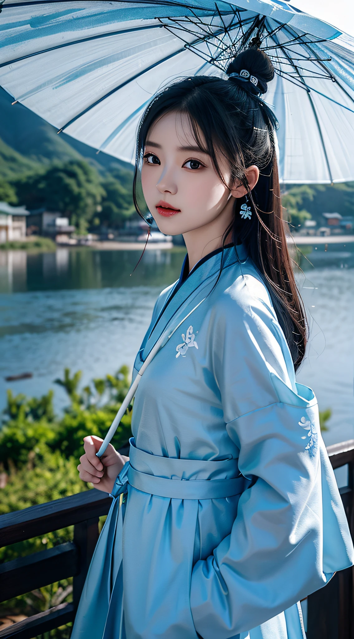 Chinese modern fairy ink painting, 18-year-old girl with bunted hair and loose hair hanging around her ears, wearing light blue traditional Hanfu, high mountains, broken bridge over West Lake, paper umbrella
