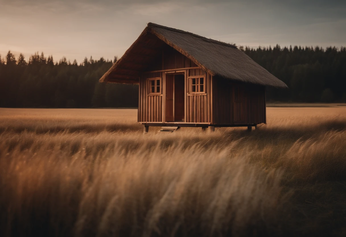 Wooden hut in the middle of the field