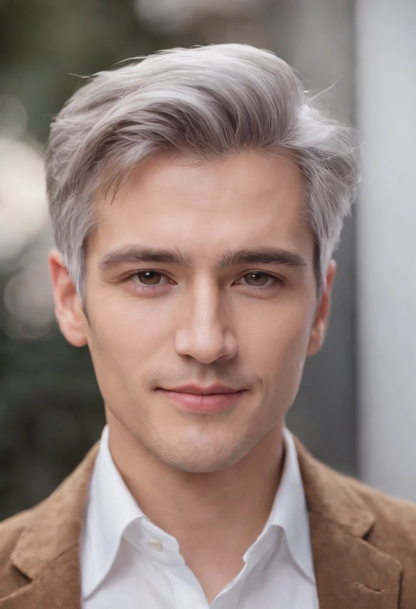 Portrait of handsome man 30 years old round face cinematic appearance、Silver hair、Brown jacket、White button-down shirt、kindly smile、Photography, Male perfection, Black eyes, Hyper realistic, 8K - V 4、50-year-old dandy gentleman、Gentle eyes、Gray hair、