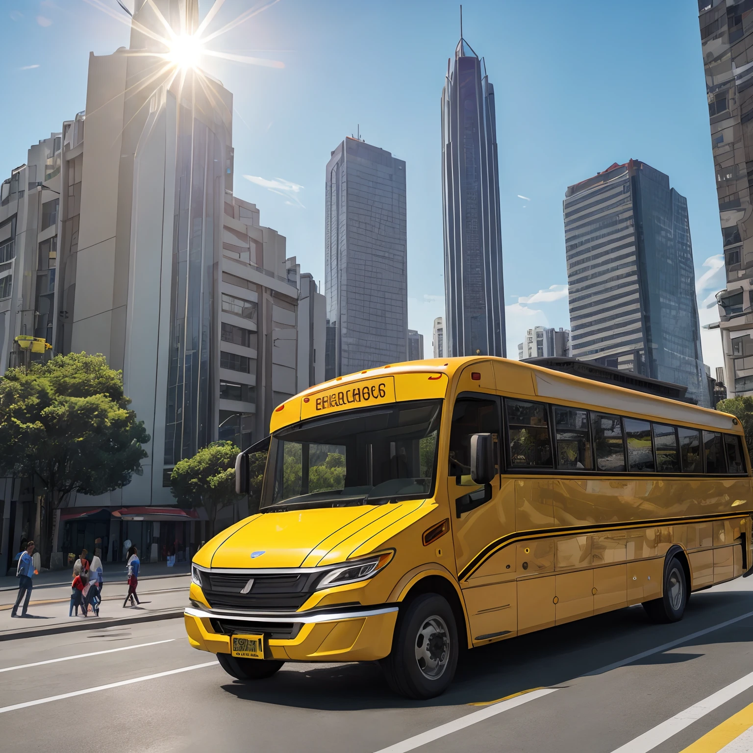 (best quality,4k,highres),realistic,modern one-floor electric yellow school bus, American style in Sao Paulo,illustration,detailed exterior design,vibrant colors,parked on a street,with children playing nearby, sunny day,lens flare,urban setting,futuristic atmosphere,horizon outlined by tall buildings,in the background,full of life and energy