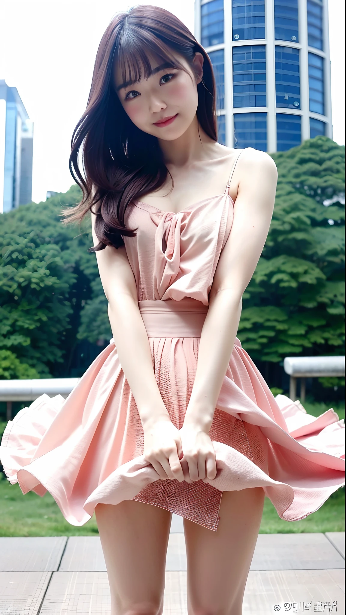 (Best quality, 8k, 32k, Masterpiece, UHD:1.2),Photo of Pretty Japanese woman,(sad smile,blush:1.1),looking at viewer,(beautiful detailed dress skirt:1.2),detailed legs,(spread legs:0.9),(lace panties:0.9),(wind lift:1.6), full body,windy,city,outdoors