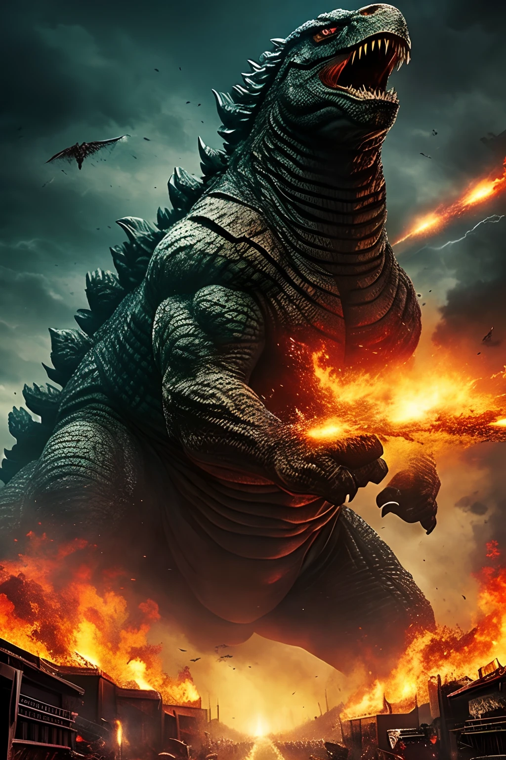 best quality,ultra-detalhado,Retrato,foco nítido,vivid colors,Tema Godzilla,illustration,design de roupas,Japanese monster,massive creature,poder destrutivo,Cityscape,fierce expression,monstro rugindo,movie poster,action-packed scene,Crushing buildings,fire-breathing,monstro em movimento,dramatic lighting,city destruction,atomic respiration,textura escamosa,passos barulhentos,menacing presence,Iconic silhouette,Arte de Fantasia,sombras escuras,tumulto monstruoso,extreme destruction,epic battle scene,rei dos monstros,Cidade no Caos,medo e temor,chaotic energy,gigante aterrorizante,Escalas monstruosas,Legendary creature,scary force,poder imenso,batalha feroz,Confronto final,destructive force,Rugido monstruoso,Ataque devastador,apocalyptic scene